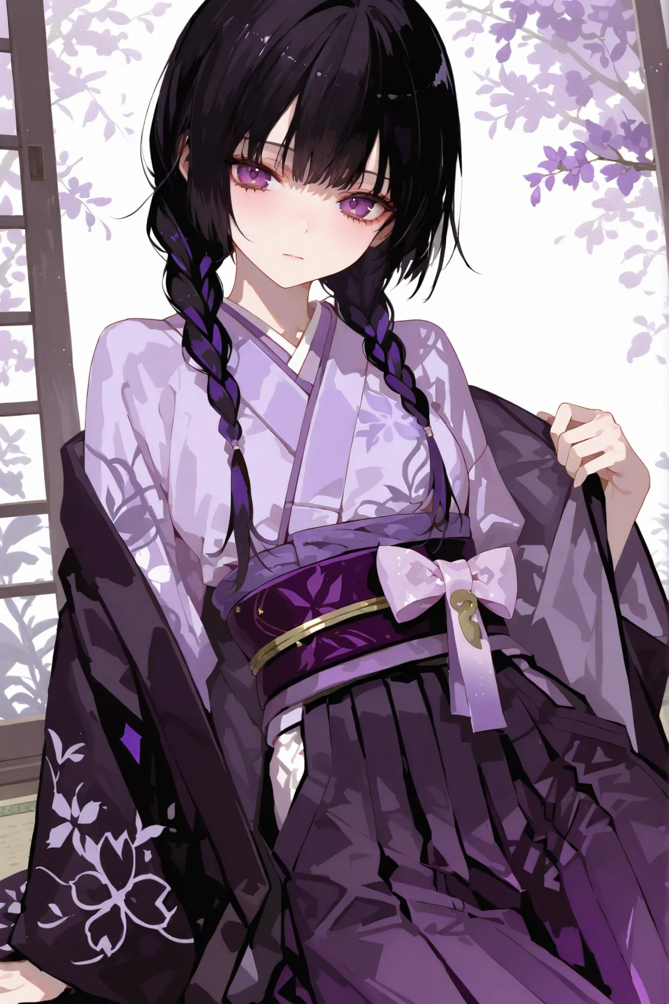 1 girl、early 、Petite、 Slim、black hair、princess cut、2 braids、purple eyes、light purple kimono、Dark purple hakama、black haori hakama 、 kimono、Japanese、masterpiece、Highest Quality