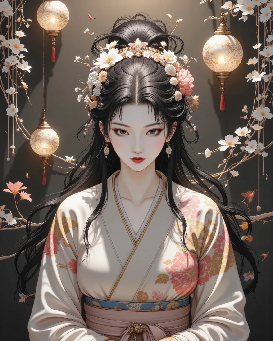 A gentle Japanese woman in a hakama is at the center of this image。Her costume is expressed in muted beige tones、exude elegance and modesty。gently bowing her head her expression is serene、her flowing hair is adorned with intricate floral hairpieces、enhances the natural flowers surrounding her in the background、Ornate round objects、A gentle young woman in a traditional Japanese costume is at the center of this image、graceful vine plants and hanging ornaments hanging above her head The、timeless beauty。understated, simple color scheme enhances the scene's calm and introspective mood。The overall atmosphere of the frame is quiet and meditative、You can feel serenity and elegance。