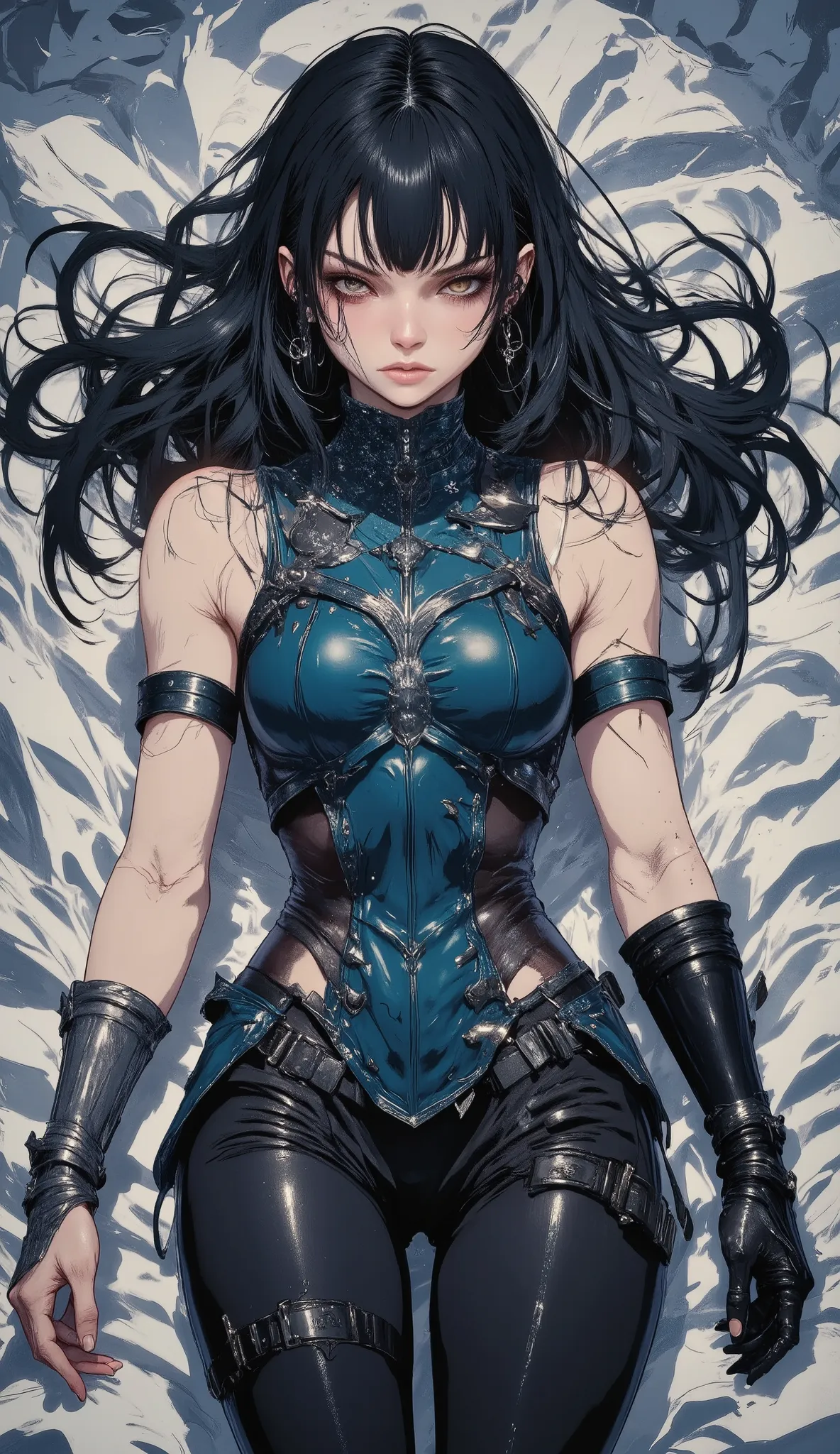 masterpiece, best quality, ultra-detailed, (stunningly beautiful woman:1.3) with (lustrous long black hair:1.2) and (wispy scattered bangs:1.1), (exquisite symmetrical face:1.2), piercing (cold arrogant gaze:1.2), (athletic fit physique:1.1), (flawless ala...