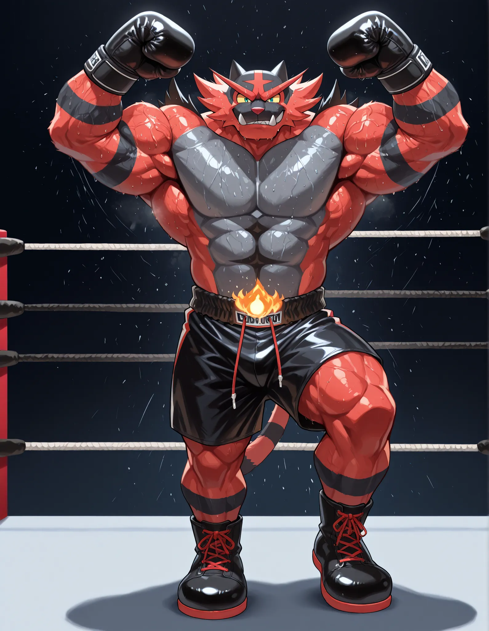 Incineroar, anthro male, high quality, full body, looking down at viewer, solo, boxing ring background, black boxing gloves, thick very veiny arms, very muscular, black boxing shorts, black boxing shoes, heavyweight boxing champion, glistening fur, sweaty,...