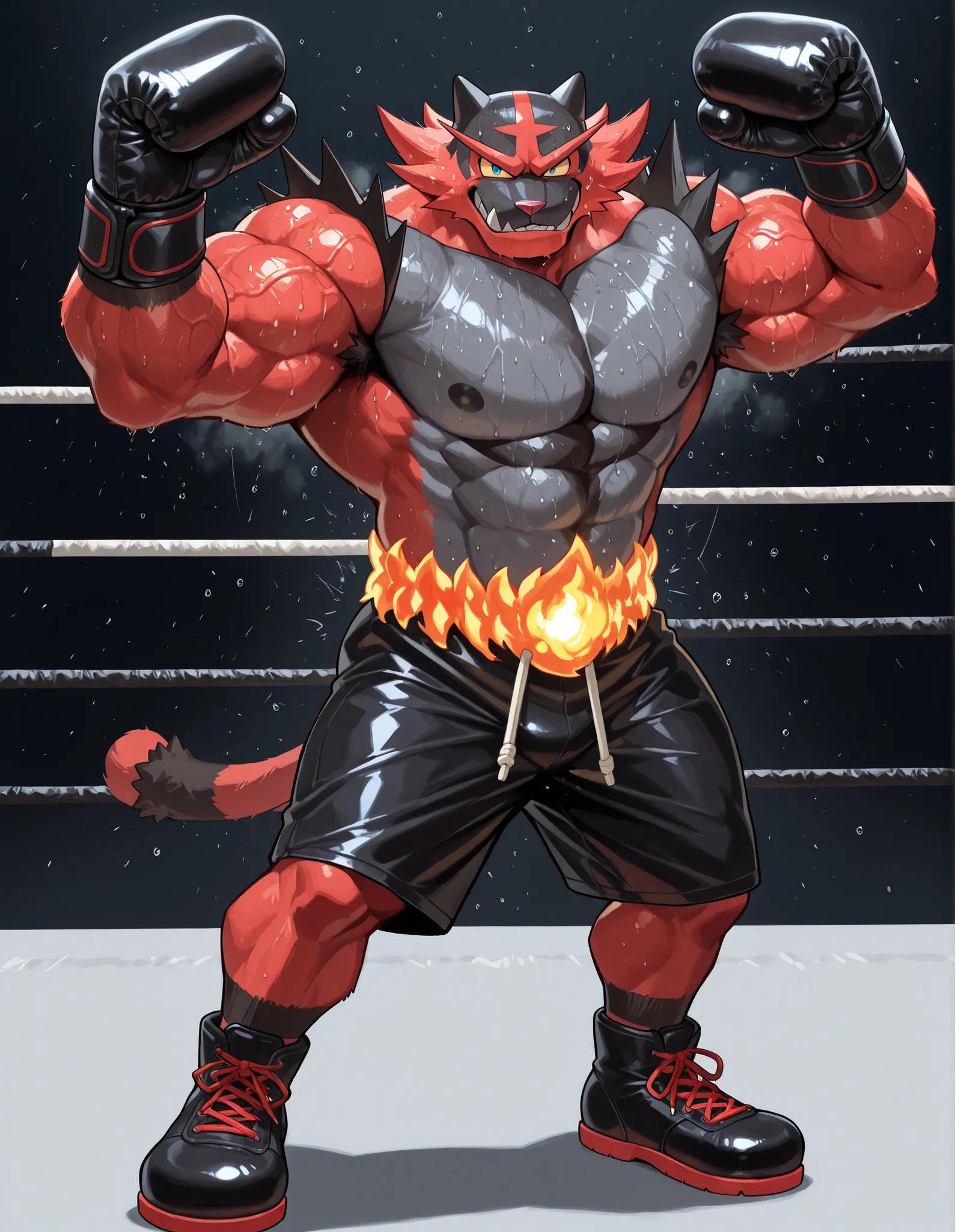Incineroar, anthro male, high quality, full body, looking down at viewer, solo, boxing ring background, black boxing gloves, thick very veiny arms, very muscular, black boxing shorts, black boxing shoes, heavyweight boxing champion, glistening fur, sweaty,...