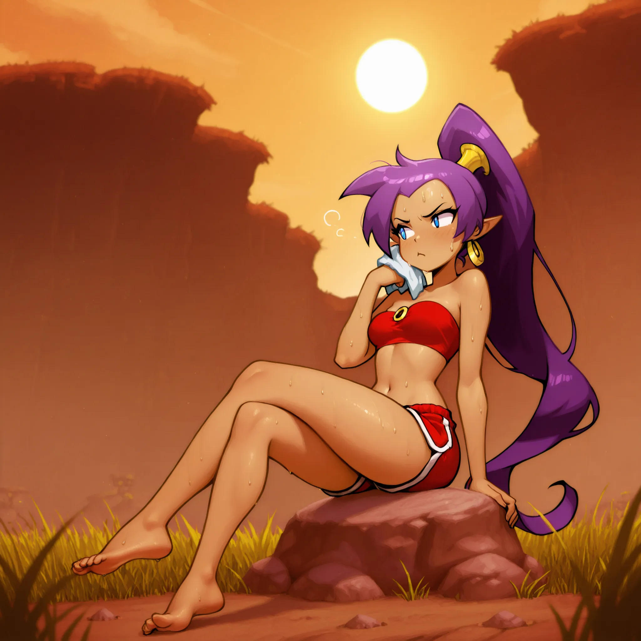 masterpiece, best quality, amazing quality, high resolution, ultra-detailed, absurdres, newest,    shantae, blue eyes, 1girl, solo, red bandeau, red skimpy shorts,  barefoot, outdoors, grassy field, sitting on a rock, sweaty, pouting, sitting on a large ro...