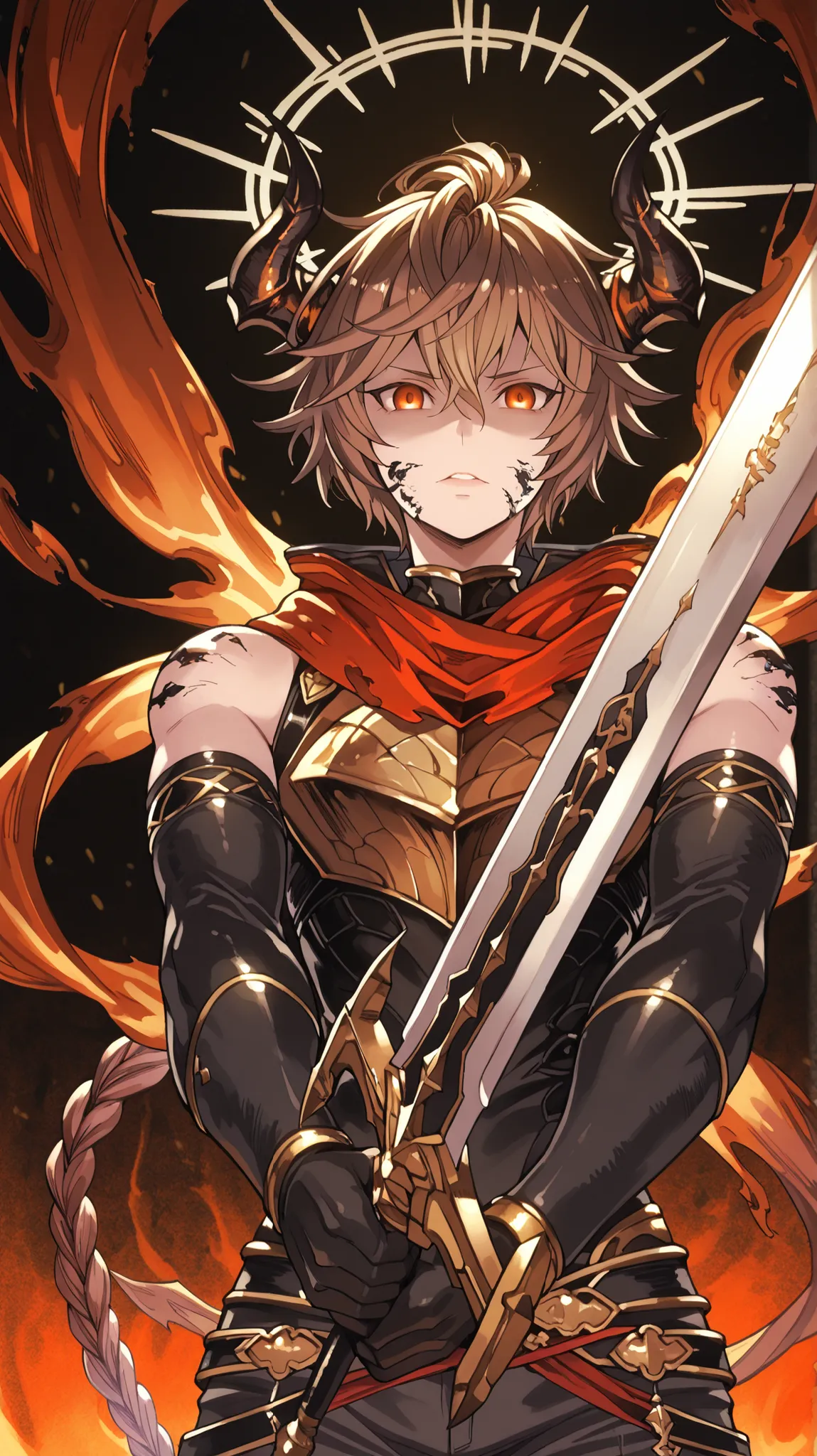 Alone, a man, facing the viewer, brown hair, hairstyle like Reed The Flame Shadow from arknights but with a long braid in his hair, face like sandalphon from Granblue Fantasy, eyes in the tone of red wine, long bangs, perfect anatomy, student, black horns ...