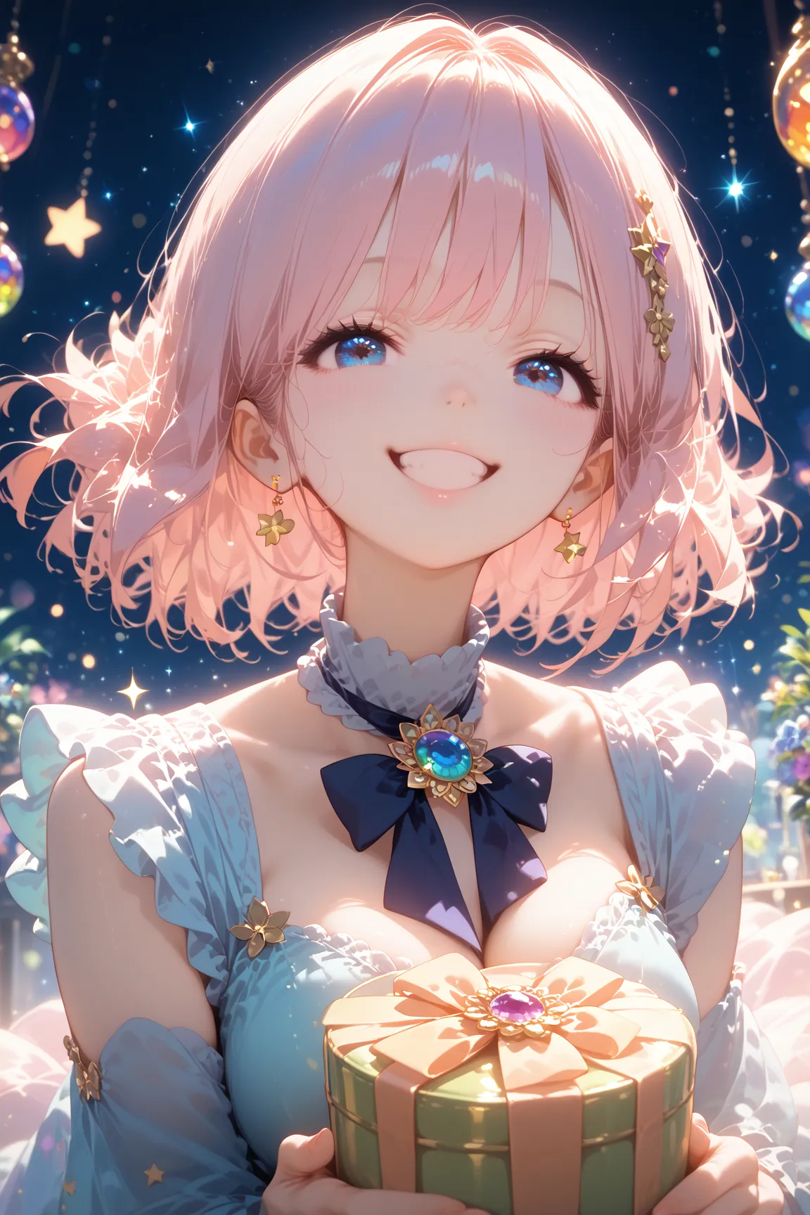 anime、best quality, super fine, 16k, incredibly absurdres, extremely detailed, iridescent colorful jewels overflowing from Tiffany blue jewelry box, the smiling face of a beautiful cute girl worth over a million dollars, messy glossy short hair, image with the effect of falling sparkling stars, joy, happiness abd happiness. expression, professional lighting