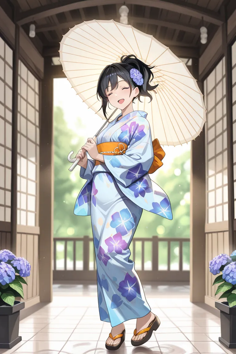 (Highest quality, 8k, high resolution, masterpiece: 1.2), (anime style), ultra detail, high resolution, super high resolution, studio lighting, ultra-fine painting, sharp focus, physically based rendering, extremely detailed description, professional, vibrant colors, bokeh, portrait, concept artist, cool color palette, dramatic lighting, a woman in a lavender floral kimono, ponytail, (flower hair accessory), a park in full bloom with rainy hydrangeas, she is holding an umbrella, (beautiful black hair, big smile, open mouth, eyes closed), (beautiful skin, beautiful hands), (refreshing breeze, cool scenery), full body.