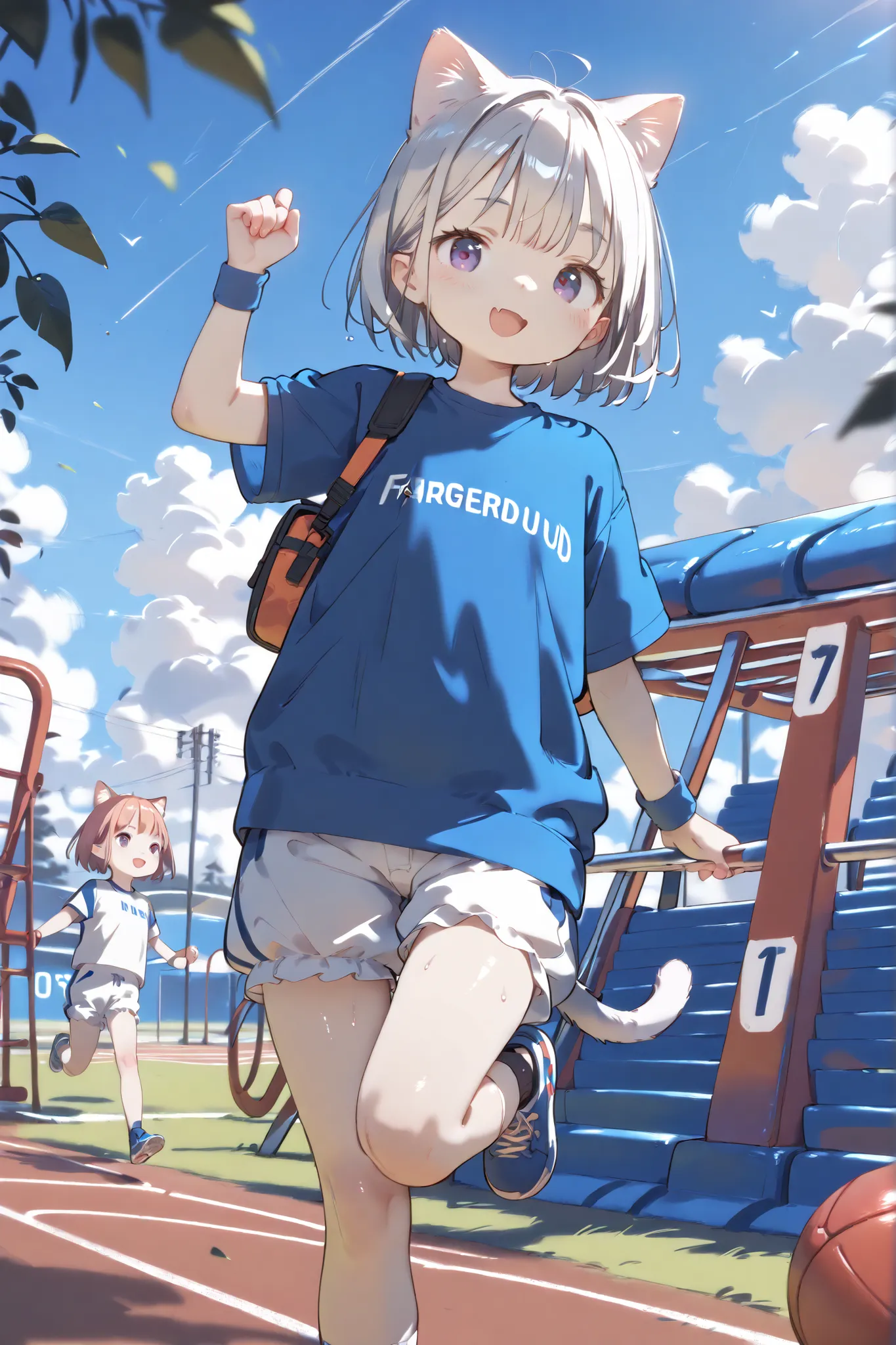 ( masterpiece, high definition,high quality,high definition)、high image quality、high quality、8k、4k、angle from your feet、3 girls、 playground、running、gym clothes、bloomers to hug、 lori、 lori体形、is young、Flat chest、sweaty、Looks happy、Cat ears、 cat tail
