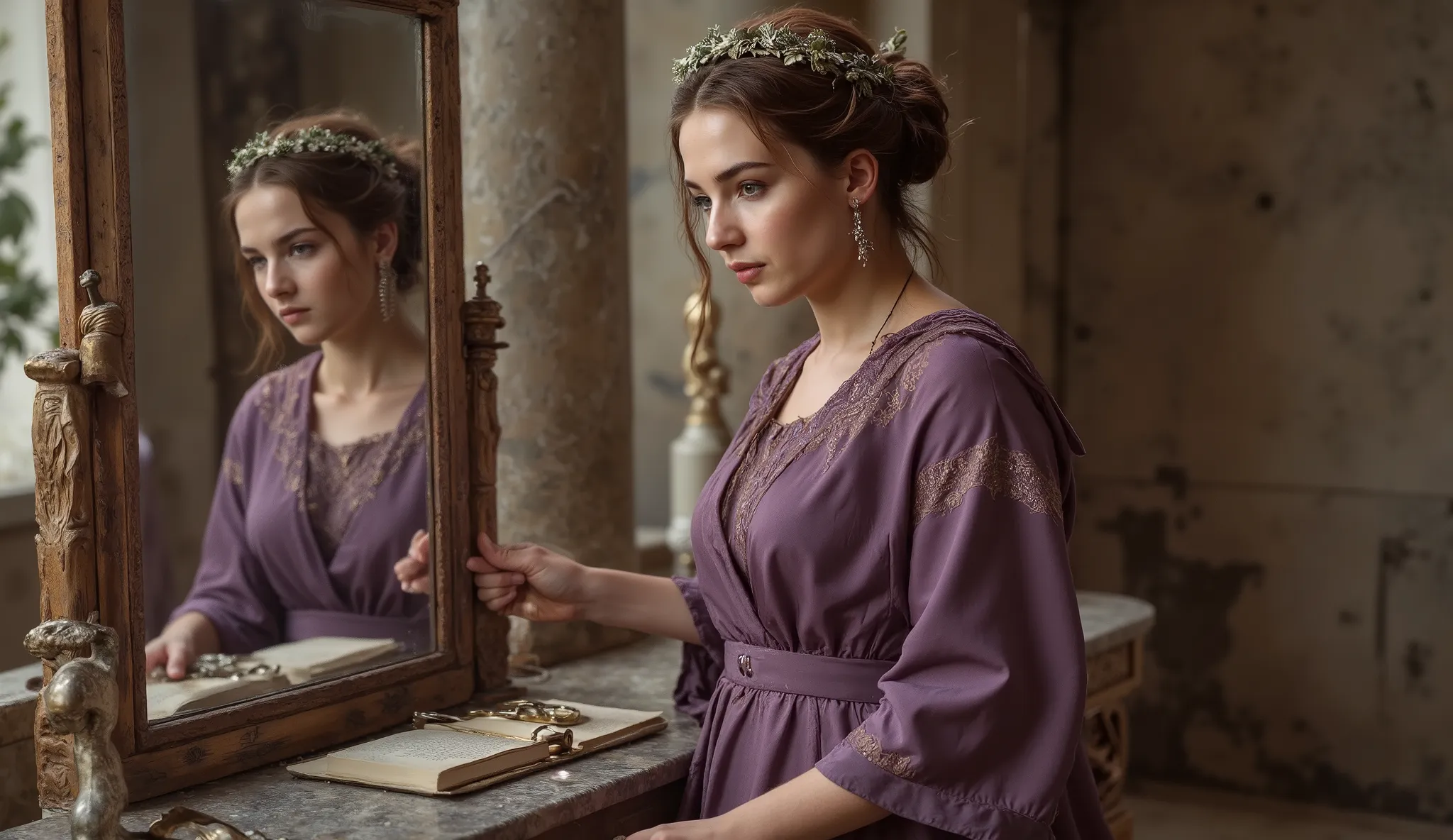 A Greek princess from the Hellenistic period stands imposingly before a polished bronze mirror. She wears a draped robe of purple silk with gold embroidery and a delicate tiara of olive leaves. Her expression is serene and confident as she contemplates her...