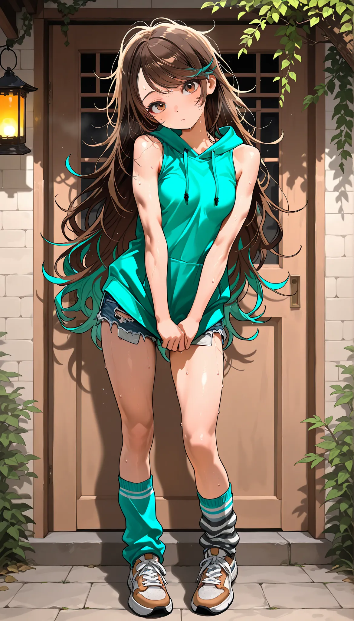 1girl, solo, full body, brown eyes, very long hair, brown hair, teal highlights, swept bangs, small breasts, messy hair, toned arms, arms folded, head tilt, sleeveless, bare arms, bare shoulders, teal hoodie, sleeveless hoodie, ripped jean shorts, loose so...
