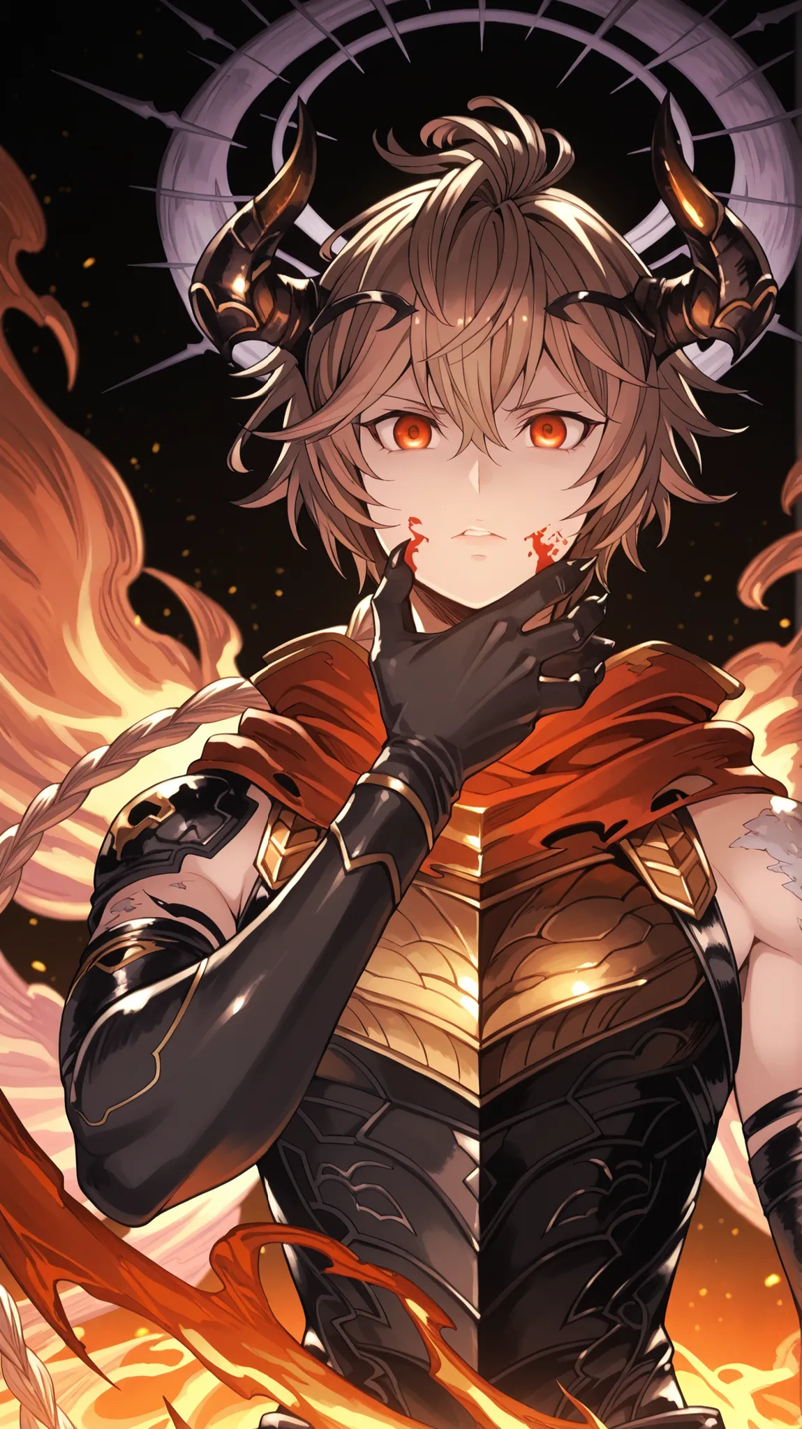 Alone, a man, facing the viewer, brown hair, hairstyle like Reed The Flame Shadow from arknights but with a long braid in his hair, face like sandalphon from Granblue Fantasy, eyes in the tone of red wine, long bangs, perfect anatomy, student, cosmic horns...