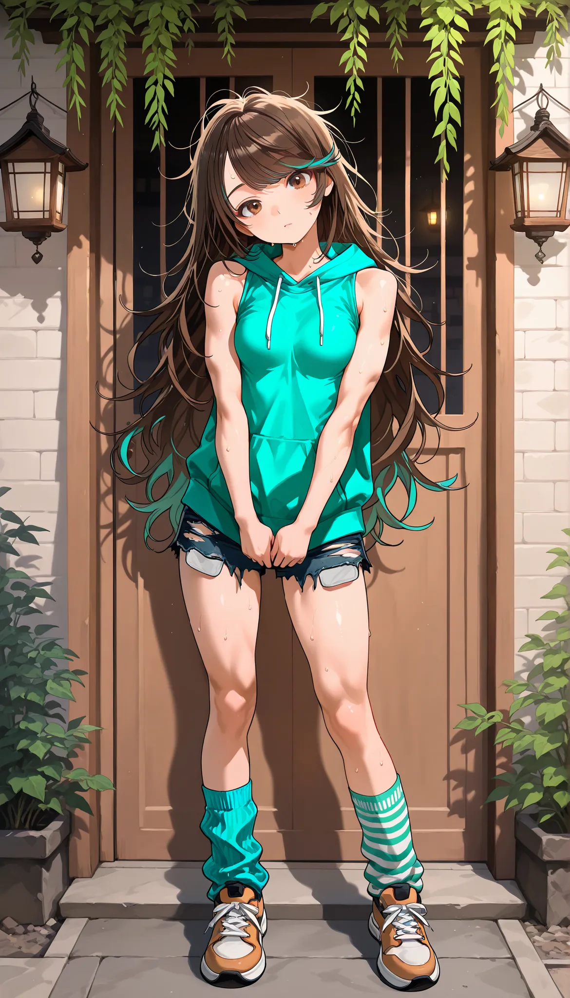 1girl, solo, full body, brown eyes, very long hair, brown hair, teal highlights, swept bangs, small breasts, messy hair, toned arms, arms folded, head tilt, sleeveless, bare arms, bare shoulders, teal hoodie, sleeveless hoodie, ripped jean shorts, loose so...