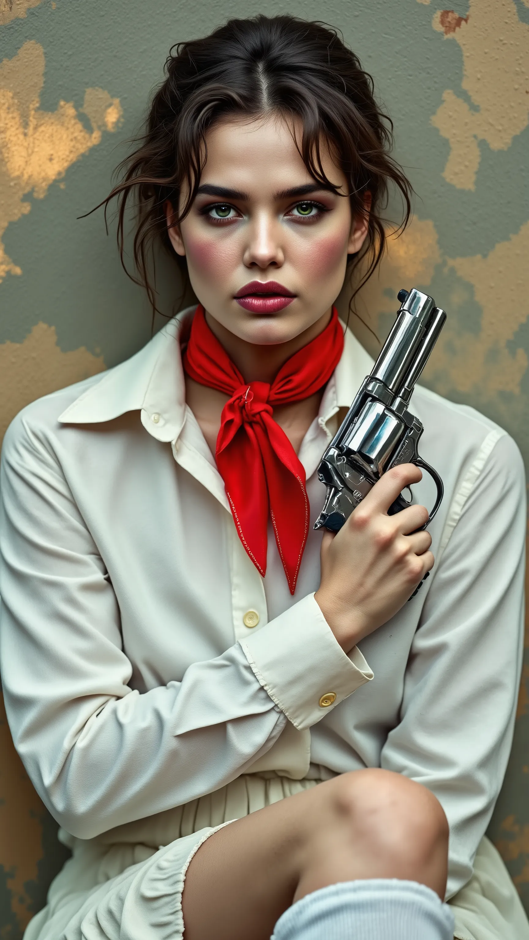 Ultra fine, high detail, masterpiece. Striking Photo art, of young woman with androgynous yet sensual aura, dressed in crisp white button-up shirt, vibrant red neckerchief tied loosely, short pleated skirt, pristine white knee-high socks. She grips massive...