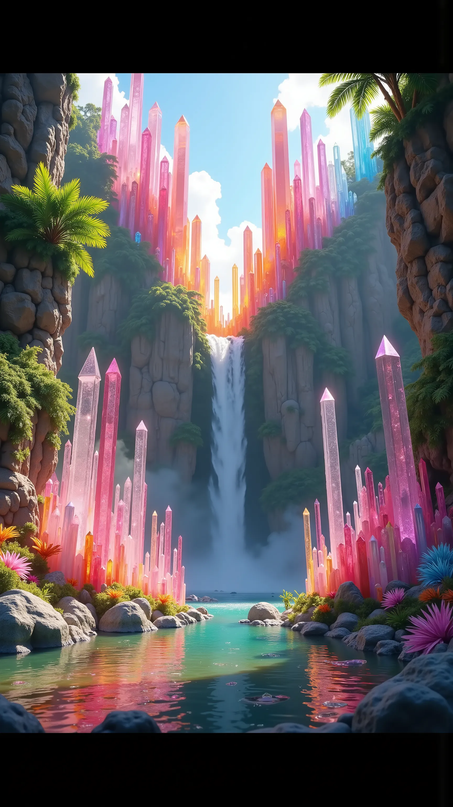 A multicolored quartz crystal cliff that is 300 feet tall made up of gigantic crystal points that make up the face of a cliff in a tropical rainforest. In the middle of these skyscraper sized quartz crystals is an incredible gushing cascading waterfall tha...