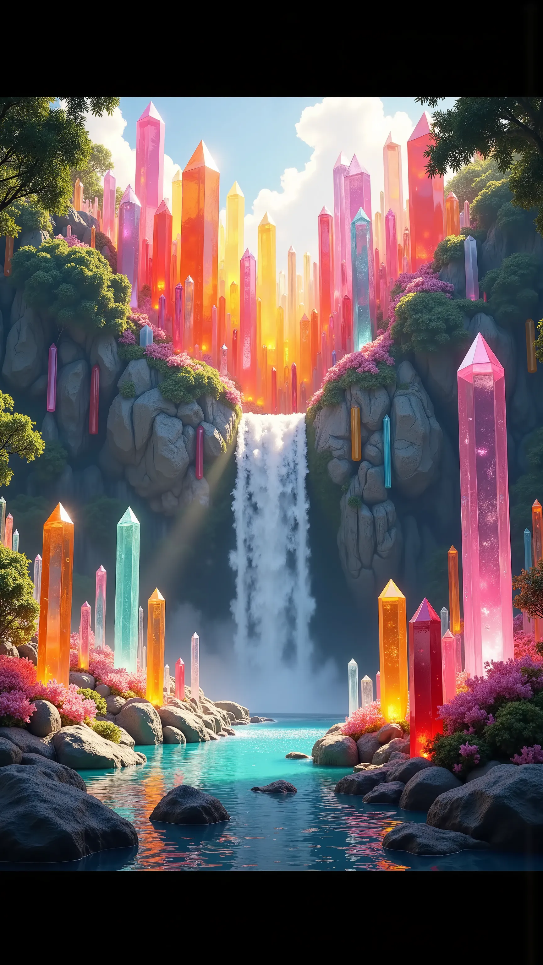 A multicolored quartz crystal cliff that is 300 feet tall made up of gigantic crystal points that make up the face of a cliff in a tropical rainforest. In the middle of these skyscraper sized quartz crystals is an incredible gushing cascading waterfall tha...