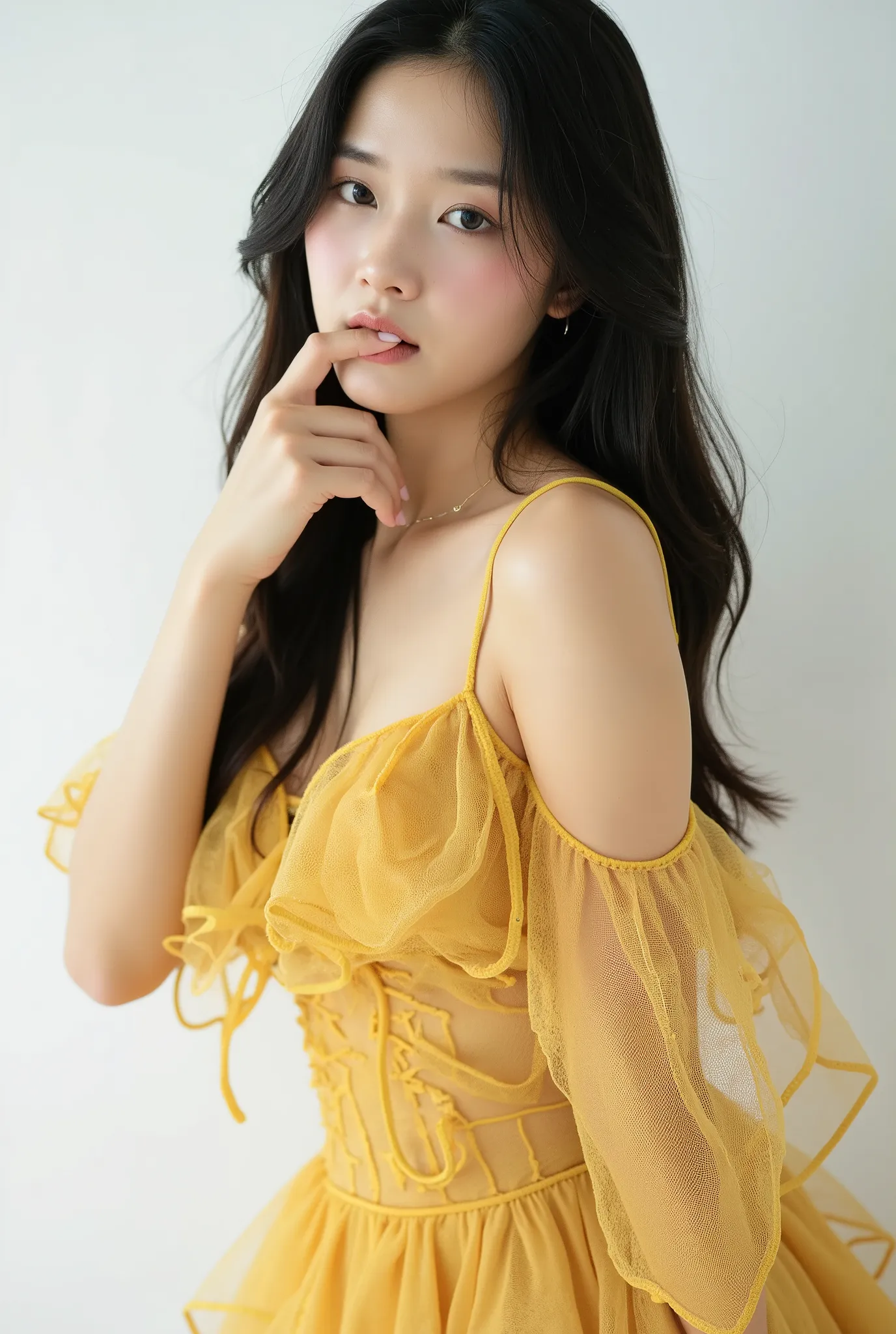 professional fashion photography, taken by professional sony a7cr camera with gm lens 200mm f2.8 is, beautiful korean modeling 2, white luminous and smooth skin, black long hair, relax position posing, wearing underwear use Durian peel only, beautiful legs
