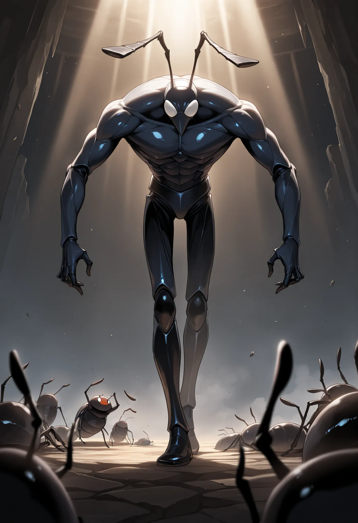 he is a slim 6 foot tall dark blue handsome bug man with ant features