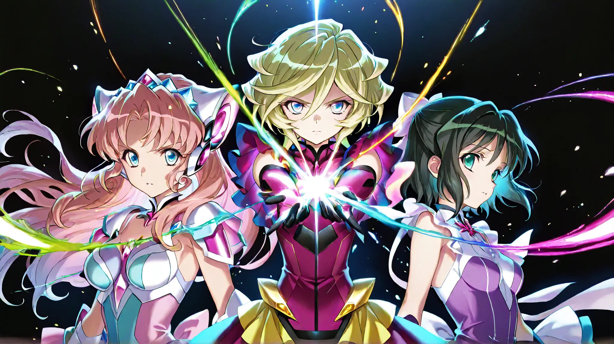 3girls,symphogear, Carol Malus Dienheim, Kohinata Miku, Serena Cadenzavna Eve, Black background,colorful, lively, Shining Contours ,neon,colorful、Official Art、,viewer, masterpiece, Very Aesthetic、battle pose、Light powder、neon Hair、Swinging Hair、chest swayi...