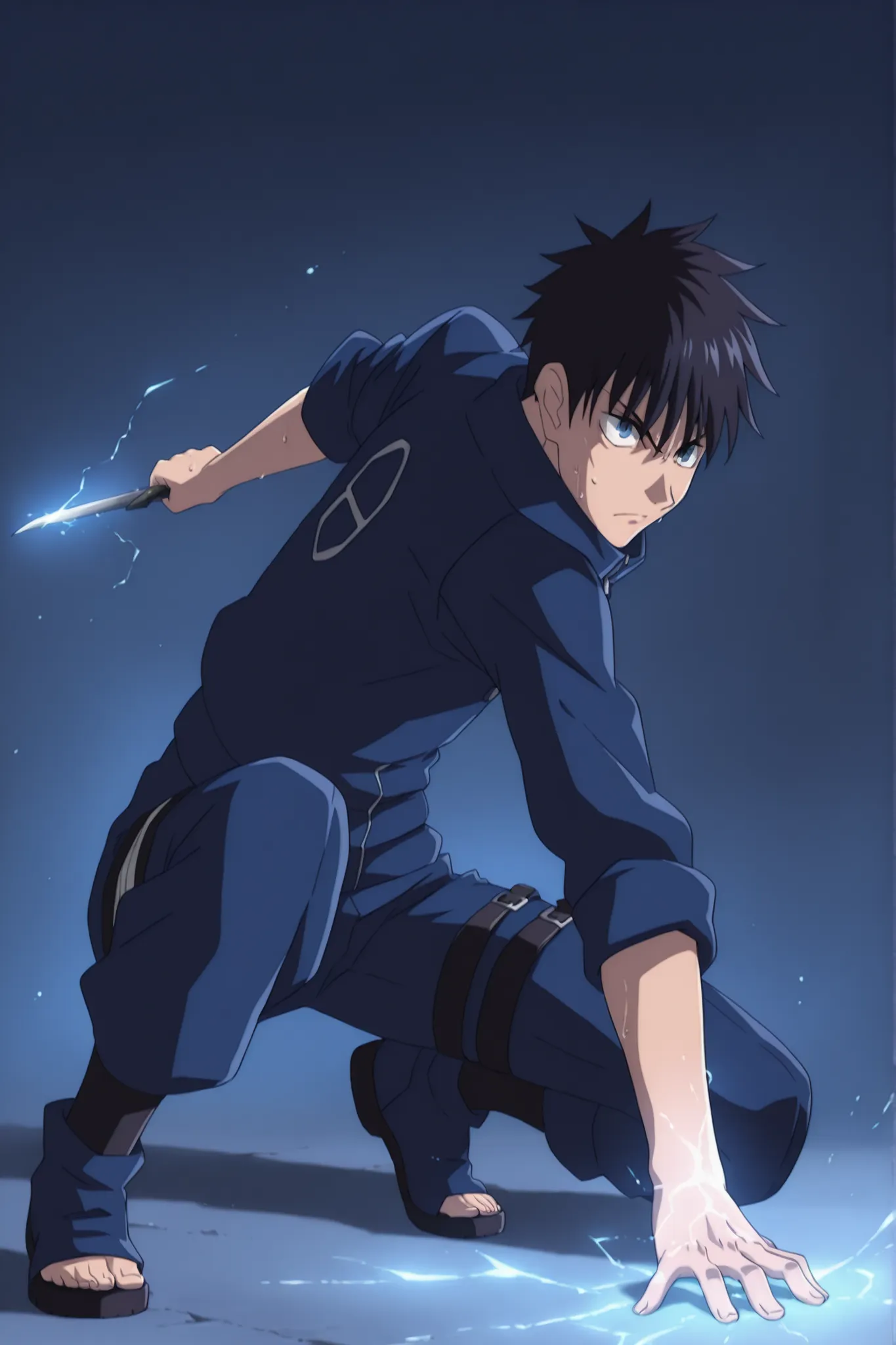 (masterpiece,best quality,ultra_detailed,highres,absurdres:1.2,amazing quality,very aesthetic),tohno shiki,1boy,solo,black hair,short hair,blue eyes,serious,blue black jacket,blue black pants,holding knife,sweat,fighting stance,from side,short sword,full b...