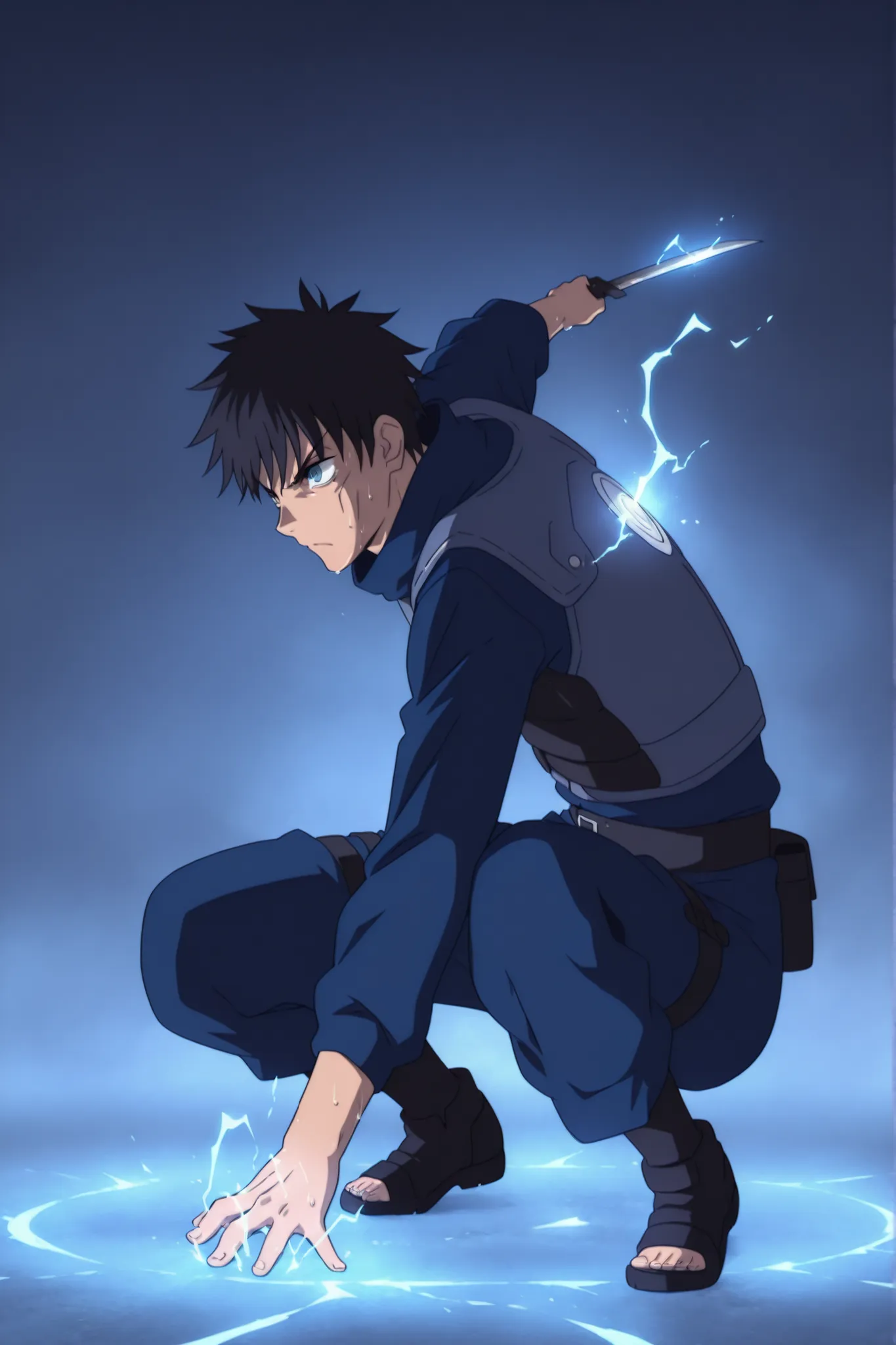 (masterpiece,best quality,ultra_detailed,highres,absurdres:1.2,amazing quality,very aesthetic),tohno shiki,1boy,solo,black hair,short hair,blue eyes,serious,blue black jacket,blue black pants,holding knife,sweat,fighting stance,from side,short sword,full b...