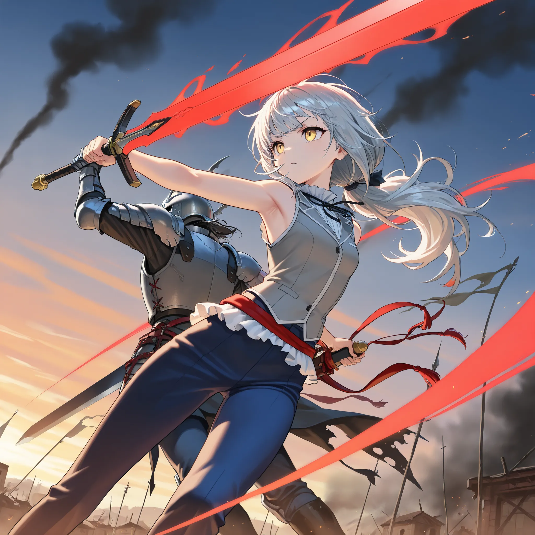 (Masterpiece, best quality), intricate details, JK, highly detailed, intricate details, 1boy, 1girl, back to back, action pose, dynamic angle, character: messy hair, yellow eyes, upper body, long hair, gray hair, low ponytail, light skin, yellow eyes, gr...
