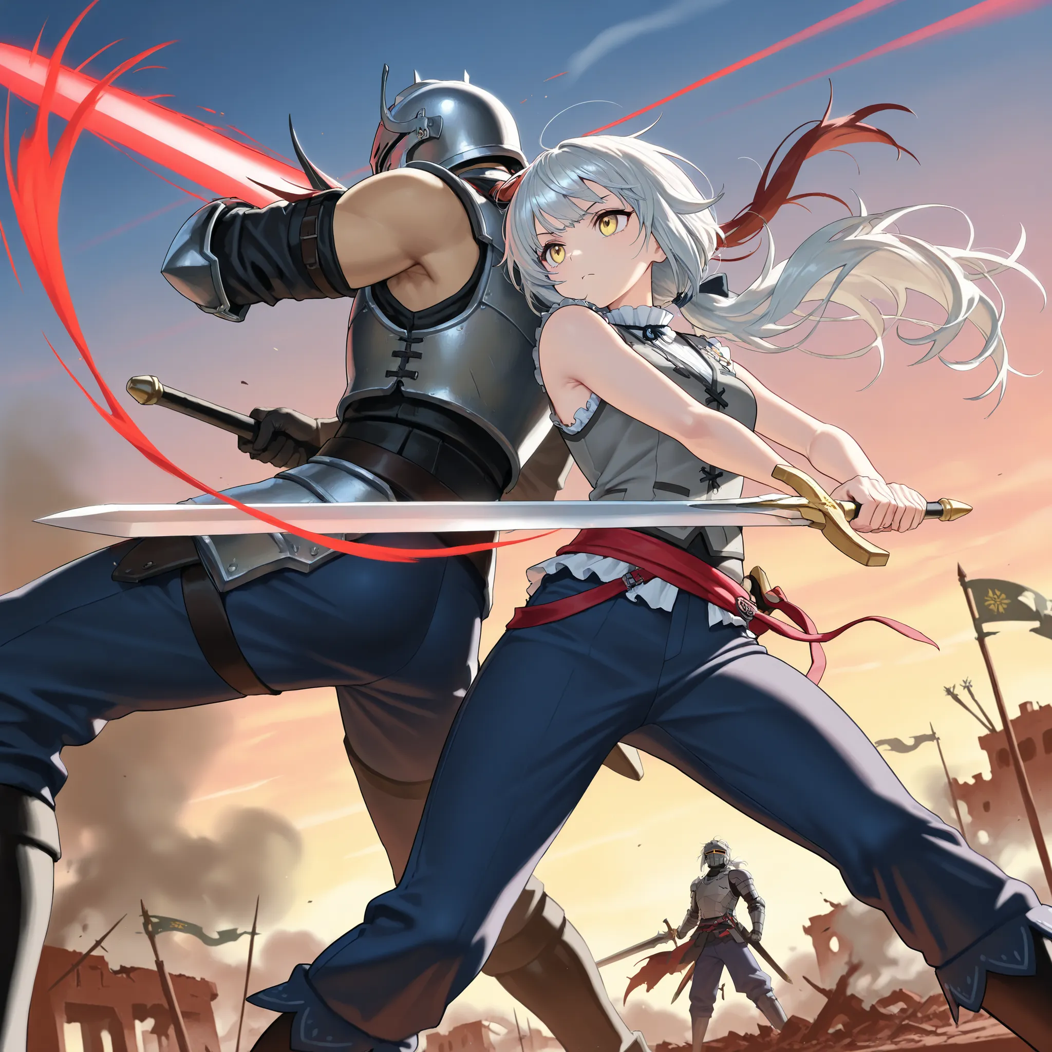 (Masterpiece, best quality), intricate details, JK, highly detailed, intricate details, 1boy, 1girl, back to back, action pose, dynamic angle, character: messy hair, yellow eyes, upper body, long hair, gray hair, low ponytail, light skin, yellow eyes, gr...