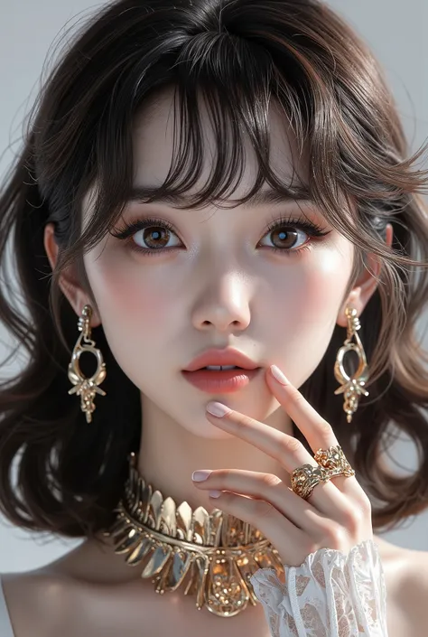 Highest Quality,Max Masterpiece,highest resolution,photorealistic,Split screen into 6,6つの表情,6 different emotions,Highest Qualityのリアルな質感の肌,Highest Qualityのテクスチャの髪,Medium Hair,Wave Hair,Blunt bangs, Gold,very pretty face touching the chest,idol face,realisti...