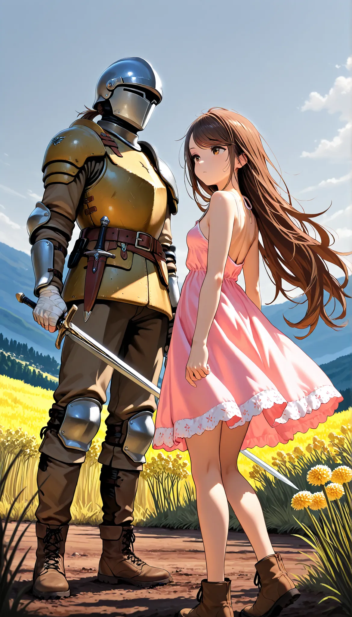 (Masterpiece, best quality), intricate details, JK, highly detailed, intricate details, side by side, from below, 1girl, 1boy, character: messy hair, brown hair , brown eyes , very long hair ,low ponytail, swept bangs thin , small breasts , bare shoulde...