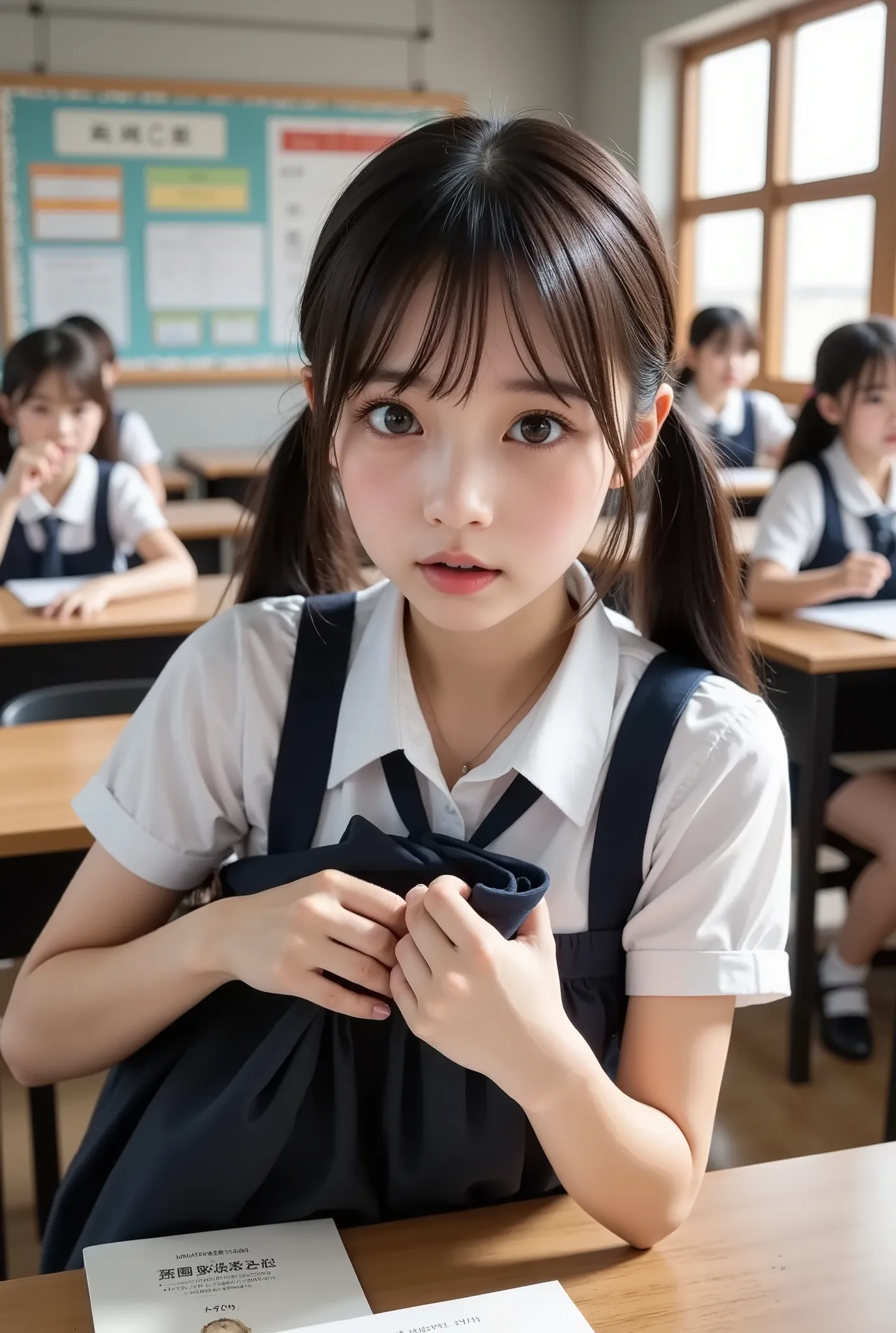pretty girl、impatient expression、surprised expression、I left something behind、 sitting in the seat、I'm looking for the inside of my bag、school uniform、Multiple students in a school classroom