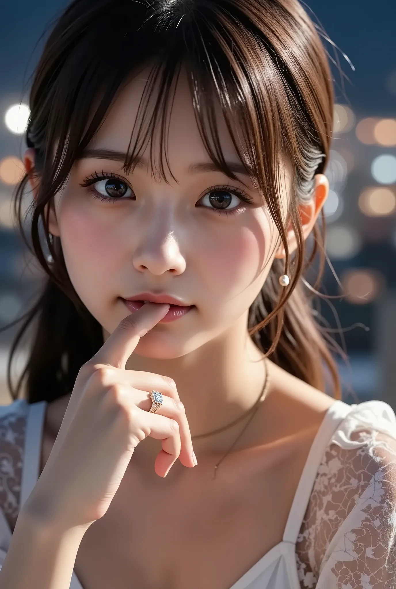 beautiful woman highlighting her lower lip、I'm happy but I'm crying、Tears flowing down my cheeks、I have an engagement ring on my hand、surprise proposal、I look down at a beautiful night view of the city from a high rise