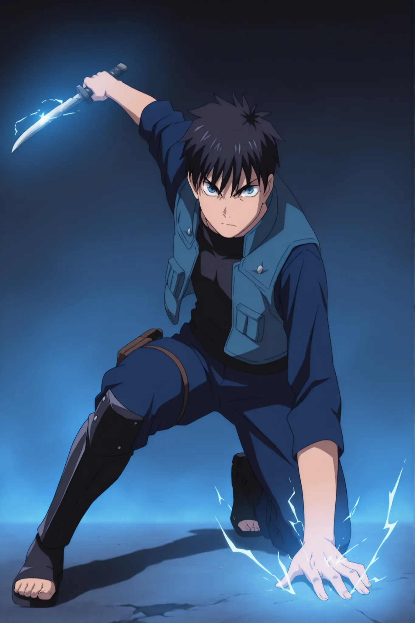 (masterpiece,best quality,ultra_detailed,highres,absurdres:1.2,amazing quality,very aesthetic),tohno shiki,1boy,solo,black hair,short hair,blue eyes,serious,blue black jacket,blue black pants,holding knife,fighting stance,short sword,full body,squatting,ar...