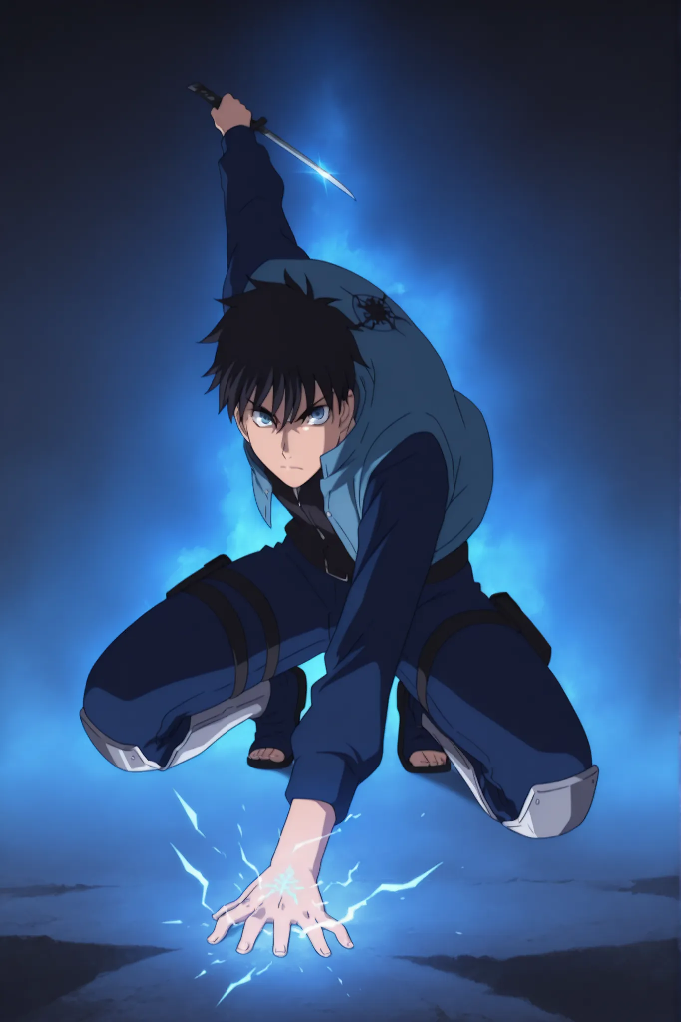 (masterpiece,best quality,ultra_detailed,highres,absurdres:1.2,amazing quality,very aesthetic),tohno shiki,1boy,solo,black hair,short hair,blue eyes,serious,blue black jacket,blue black pants,holding knife,fighting stance,short sword,full body,squatting,ar...