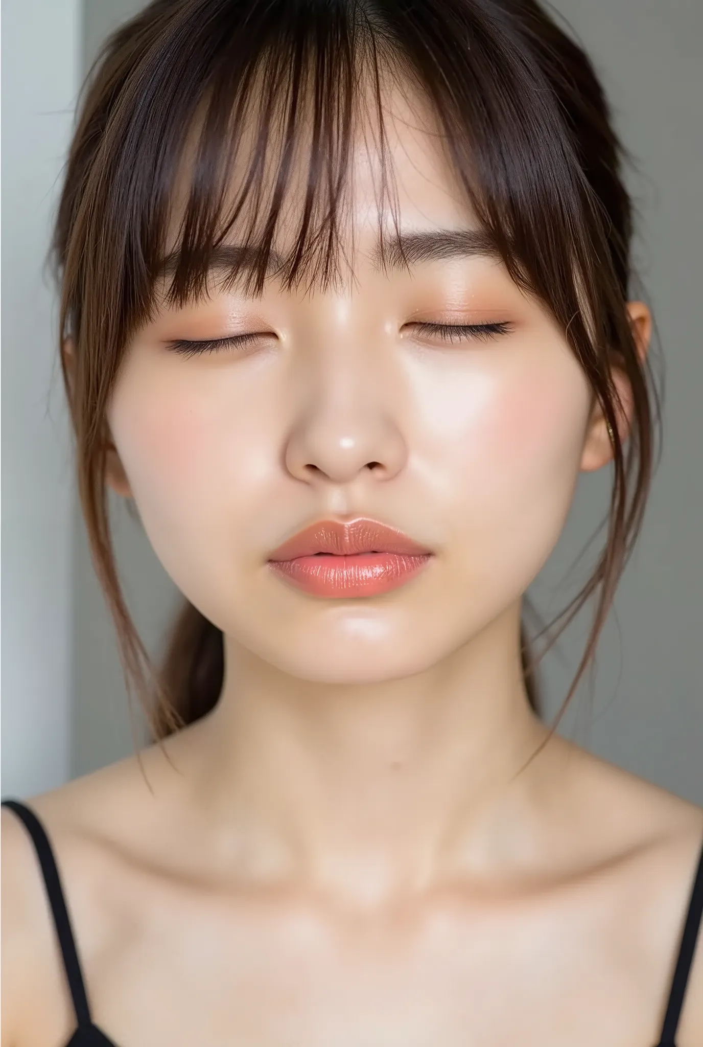 beautiful young woman, eyes closed, euphoric smile, extremely puckered lips, lips pushed far forward, tight kissy mouth, lips forming a sharp O-shape, exaggerated kiss face, heart-shaped lips, ultra glossy pink lips, flushed cheeks, ears blushing, black ca...