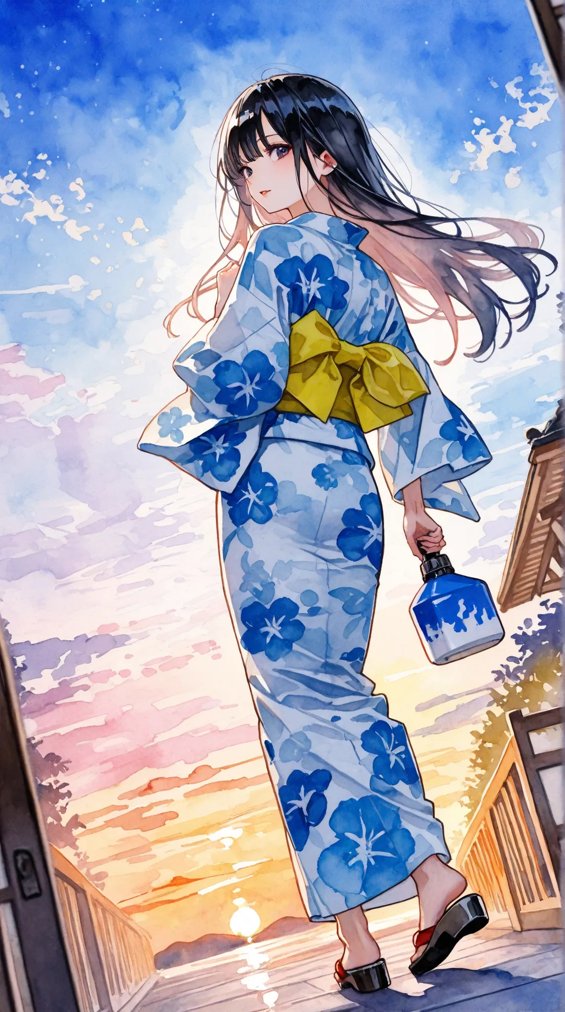 splash pattern background and spray paint effect , Hiroshige Utagawa, yukata, full body angle、 Rear View、Woman looking back , so beautiful , beautiful woman highlighting her lower lip , dusk, watercolor, watercolor, watercolor風, watercolorの詳細なアート, wate...