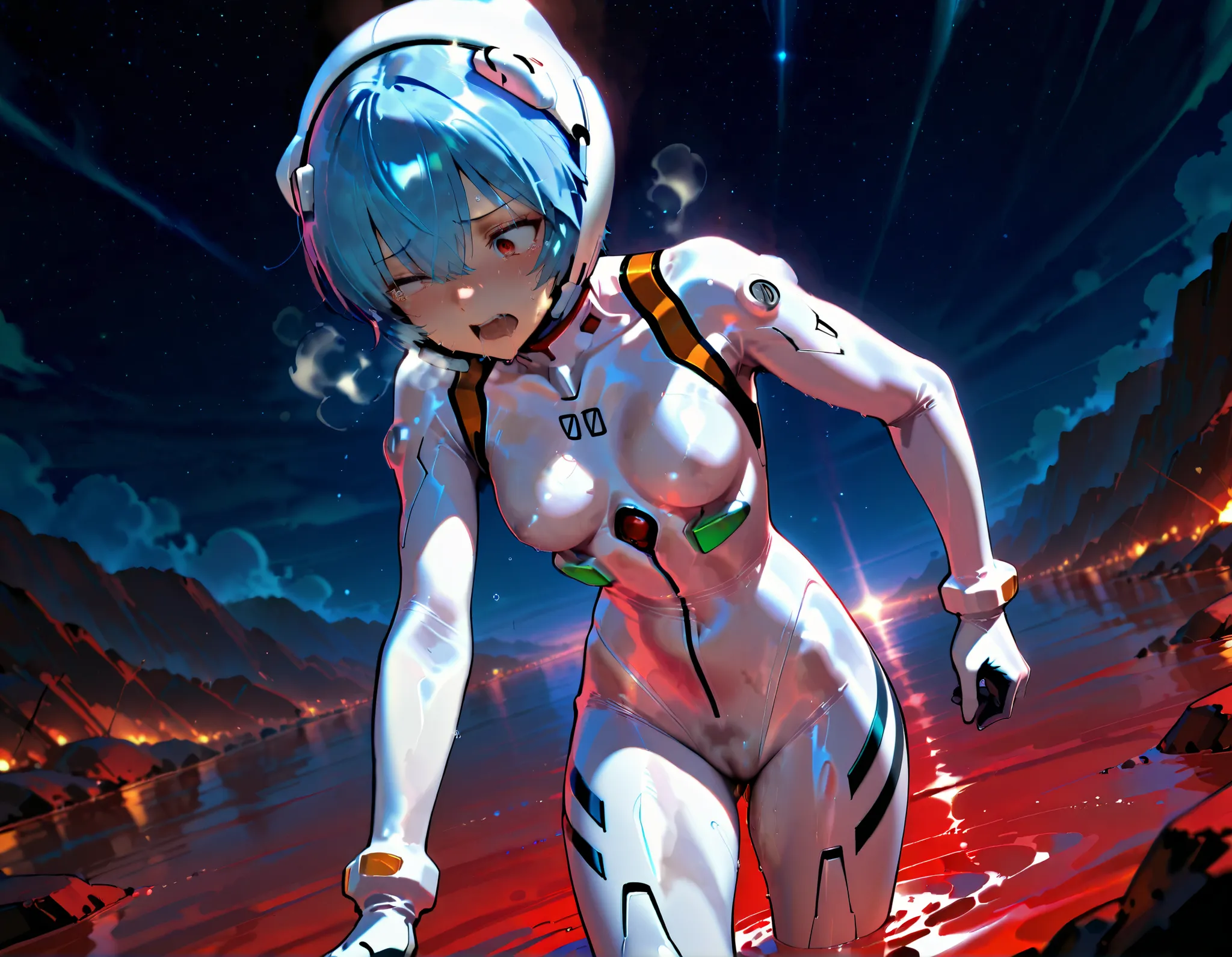 solo,super detail eyes, perfect face, Best Quality, extremely detailed face, perfect lighting, extremely detailed CG, perfect hands perfect anatomy, evangelion art style, White plugsuit, skintight, tight fit, small breast, Rei Ayanami, red eyes, blue hair,...