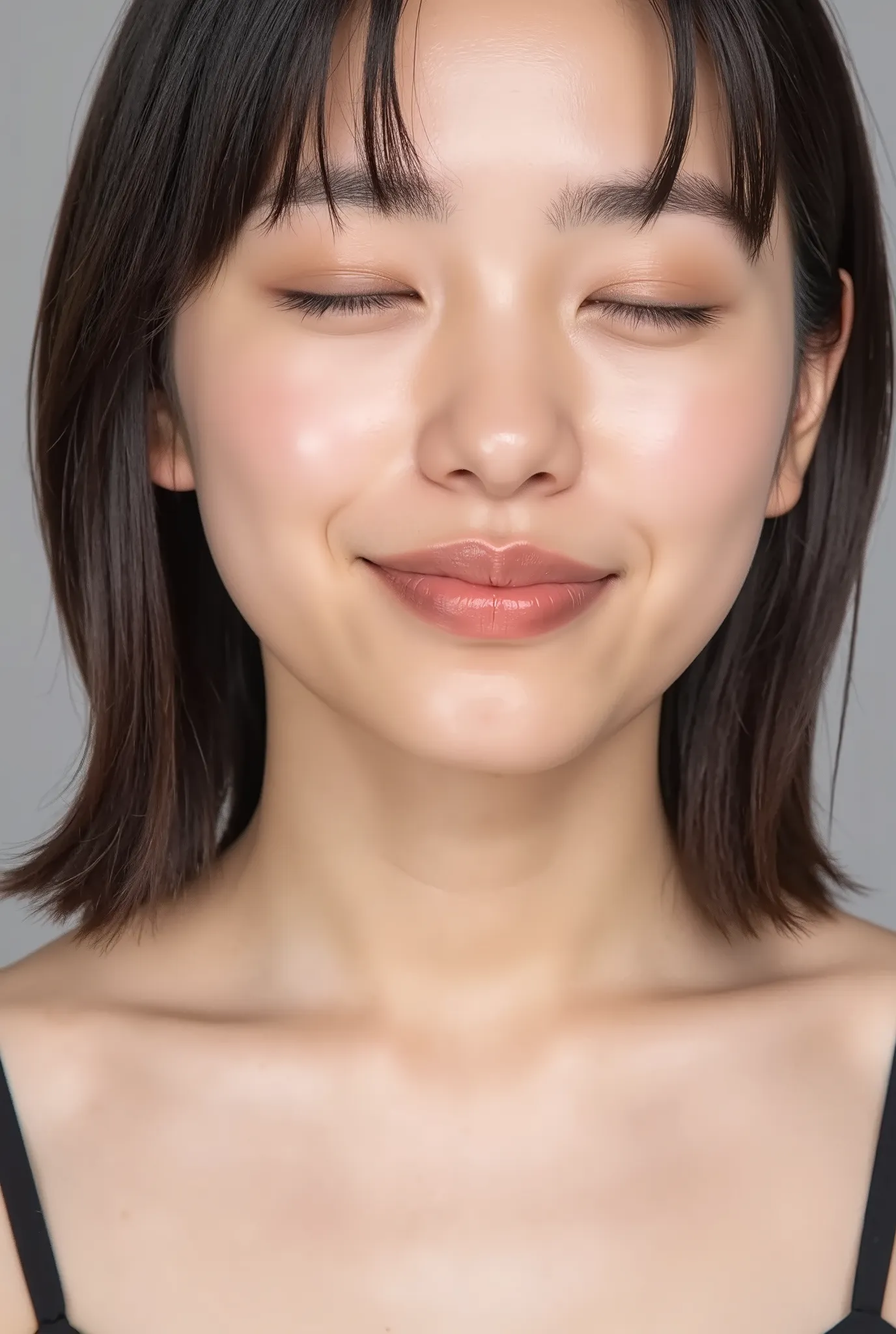 beautiful young woman, eyes closed, euphoric smile, extremely puckered lips, lips pushed far forward, tight kissy mouth, lips forming a sharp O-shape, exaggerated kiss face, heart-shaped lips, ultra glossy pink lips, flushed cheeks, ears blushing, black ca...