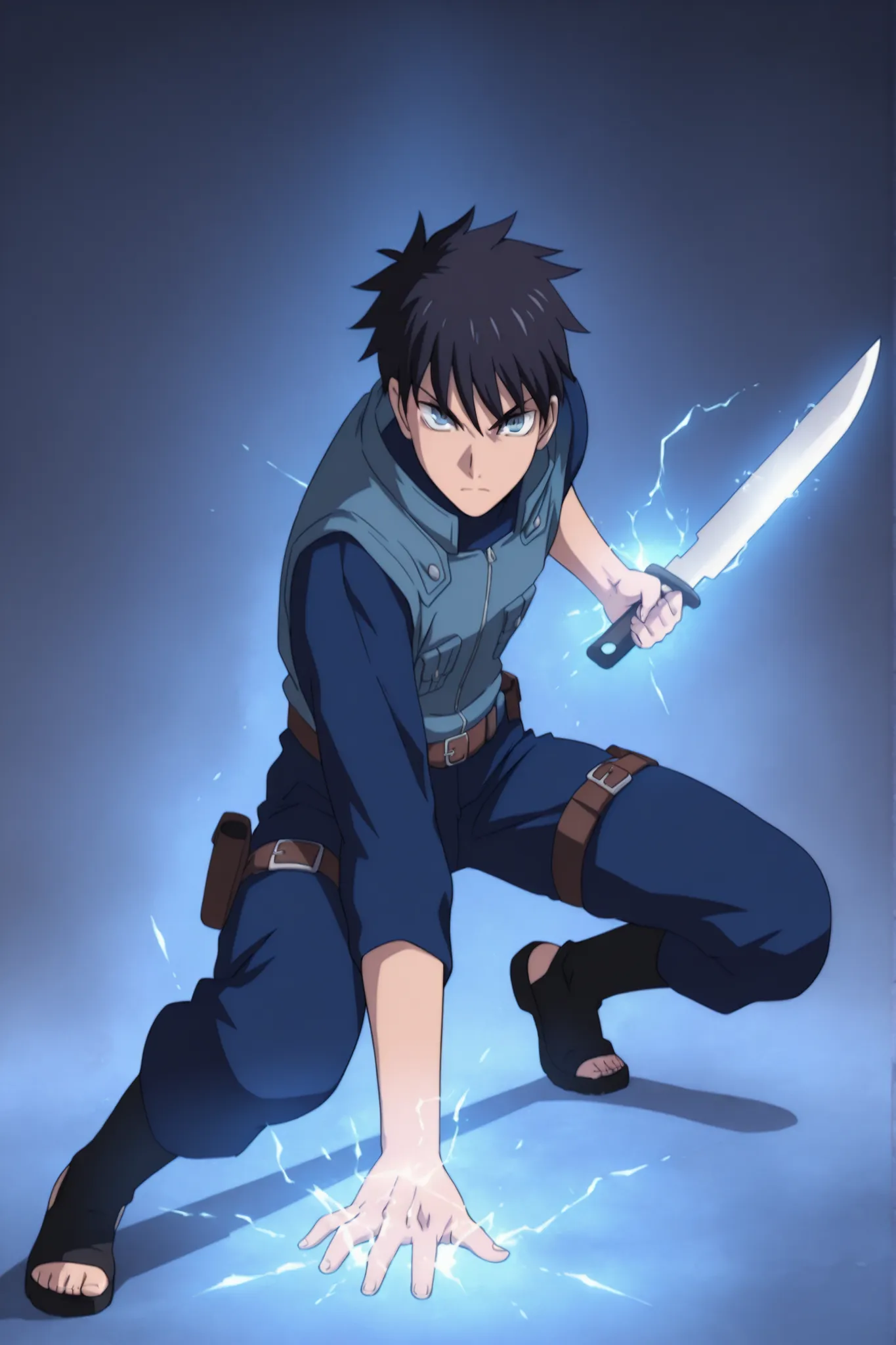 (masterpiece,best quality,ultra_detailed,highres,absurdres:1.2,amazing quality,very aesthetic),tohno shiki,1boy,solo,black hair,short hair,blue eyes,serious,,blue black pants,holding knife,fighting stance,short sword,full body,squatting,arm support, darkth...