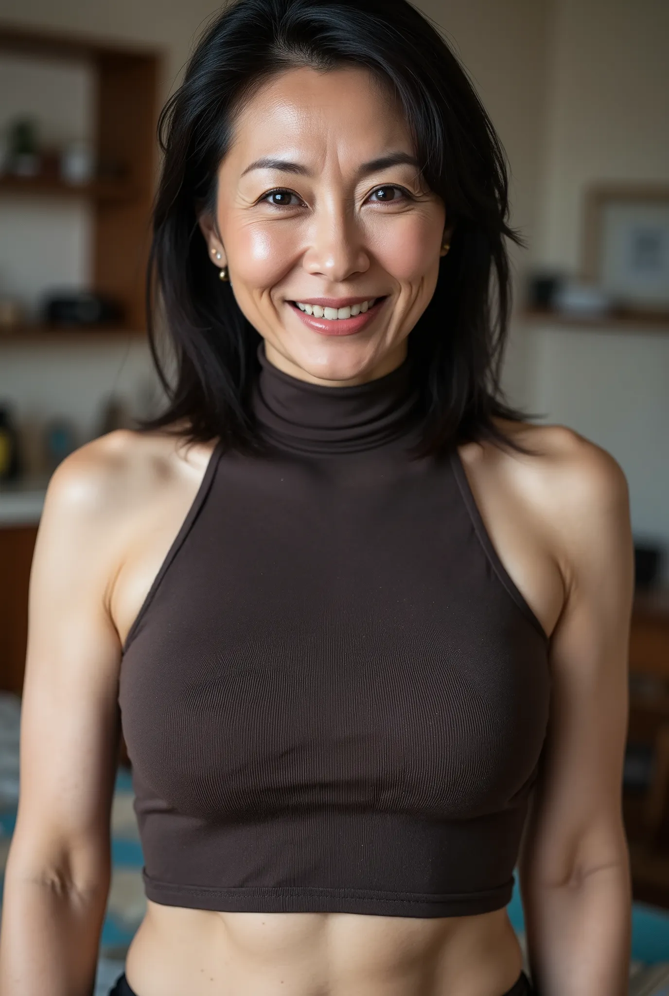 seductive woman wearing sleeveless turtleneck barechested( out:1.2) ,((top-quality, 8k, Master masterpiece, Portrait:1.3)), Photorealsitic, 35㎜ film,((OL_femele:1.2)), 1 Japan Woman, A MILF, 45 yers old,Wrinkles at the corners of the eyes,A little ugly fa...