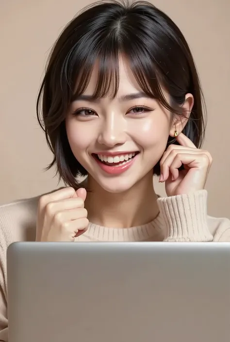 ((I'm very happy)),closes his eyes,smile opening its mouth,,fist pose in front of laptop,(short short hair),long slant eyes,Foxy face