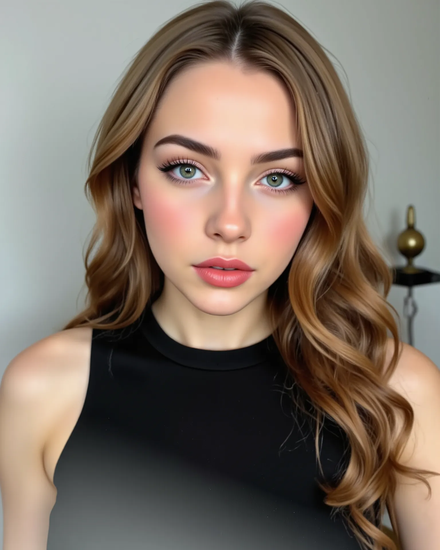 1woman, beautiful, perfect facial features, golden ratio, fair skin, curvy hairs, light brown hairs, long open hairs, bright aqua color eyes, visible eyelashes, silver pink eyeshadows, red lips, matte lips, natural blush, wearing a black off shoulder party...