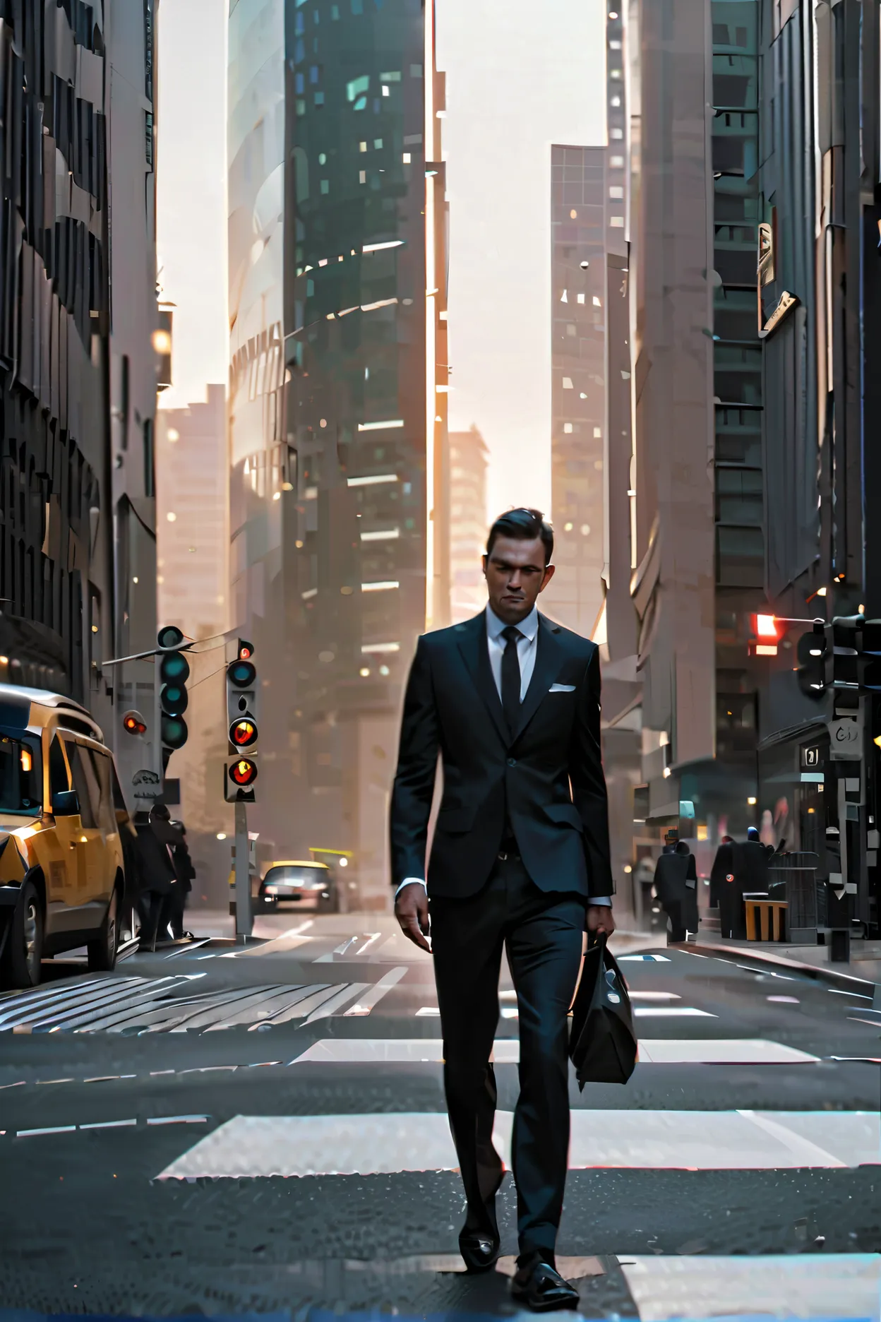 a man in a black suit, holding a bag on his shoulder, pale face, sleeping face, crossing the road, zebra crossing, green traffic signal, in the middle, 8k, high quality, hyper realistic, cinematic lighting, dramatic shadows, moody atmosphere, photorealisti...