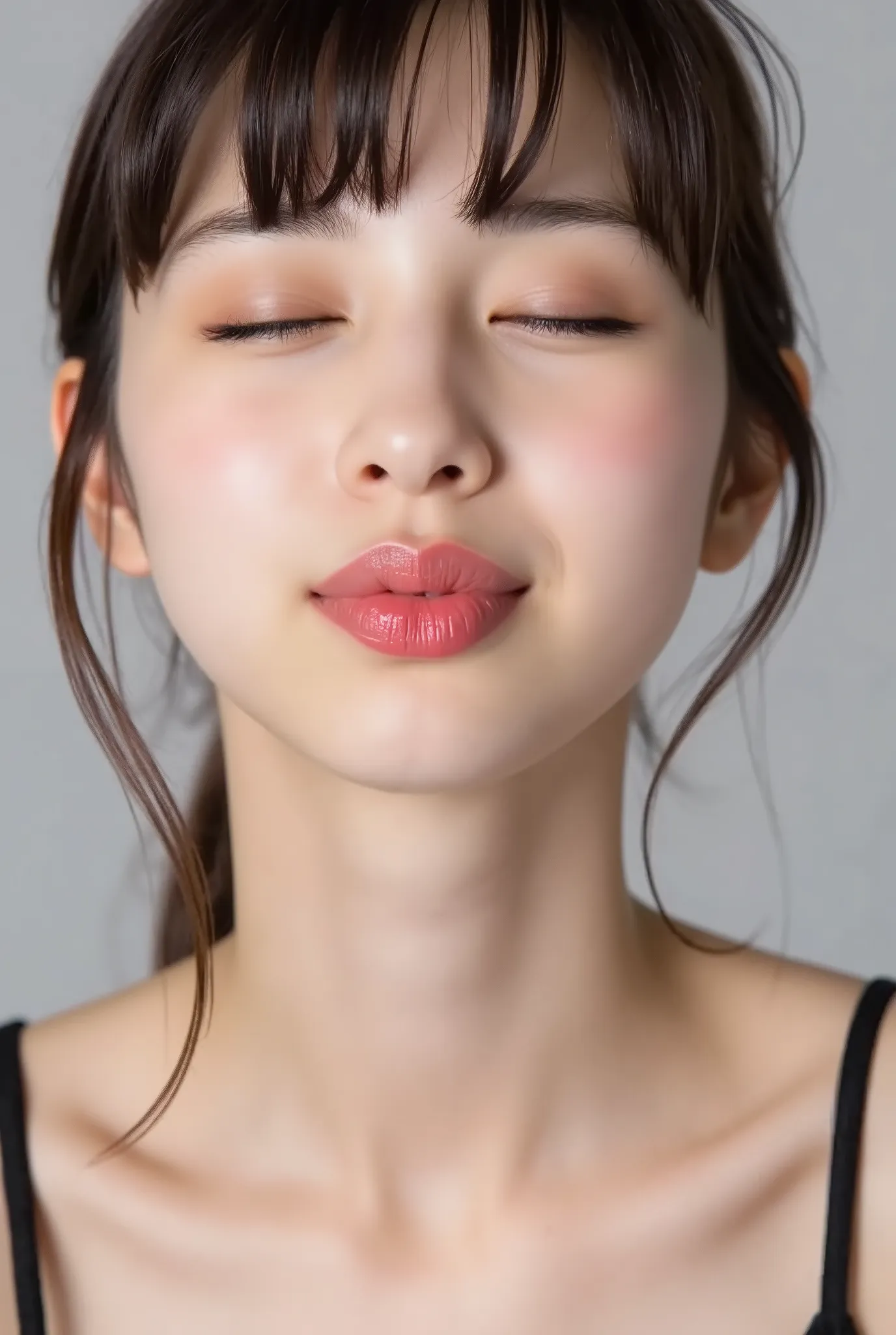 beautiful young woman, eyes closed, euphoric smile, extremely puckered lips, lips pushed far forward, tight kissy mouth, lips forming a sharp O-shape, exaggerated kiss face, heart-shaped lips, ultra glossy pink lips, flushed cheeks, ears blushing, black ca...