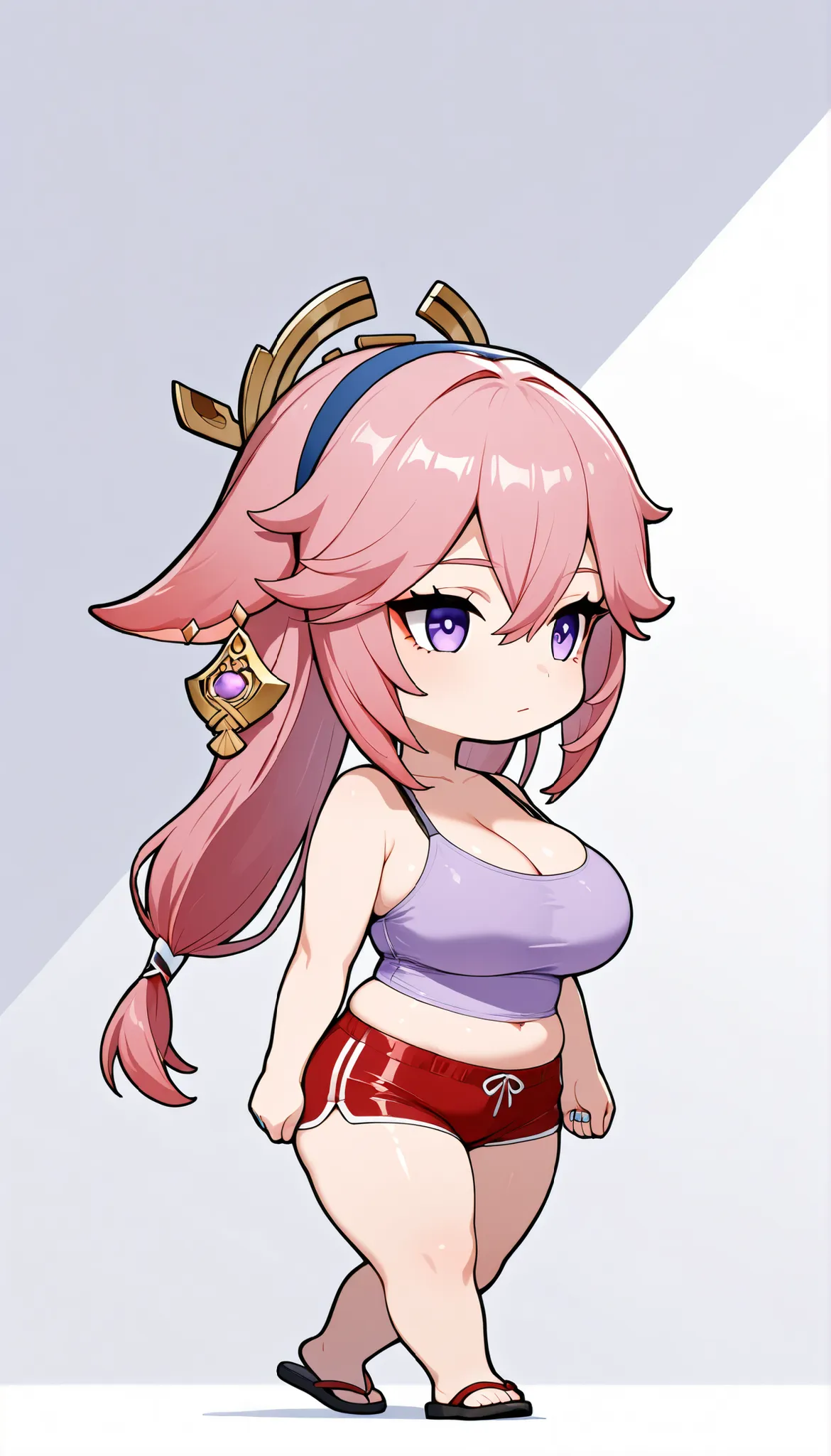 Takeda, 1girl, (chibi: 1.5), MILF, mature female, voluptuous, curvy, fit female, thick thighs, collarbone, large breasts, very large breasts, blue hairband, (split ponytail: 1.3), pink hair, light purple eyes, (yae miko from genshin impact), (tight clothin...