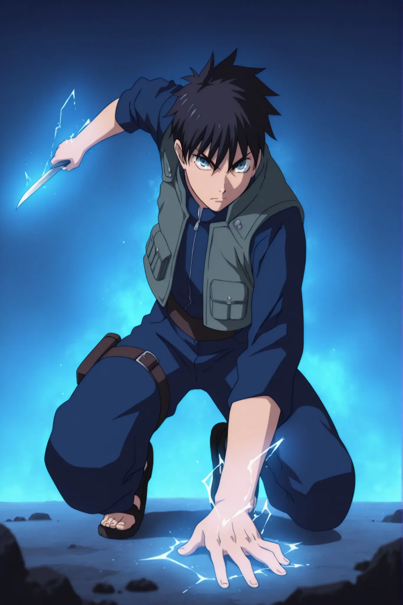 (masterpiece,best quality,ultra_detailed,highres,absurdres:1.2,amazing quality,very aesthetic),tohno shiki,1boy,solo,black hair,short hair,blue eyes,serious,,blue black pants,holding knife,fighting stance,short sword,full body,squatting,arm support, darkth...