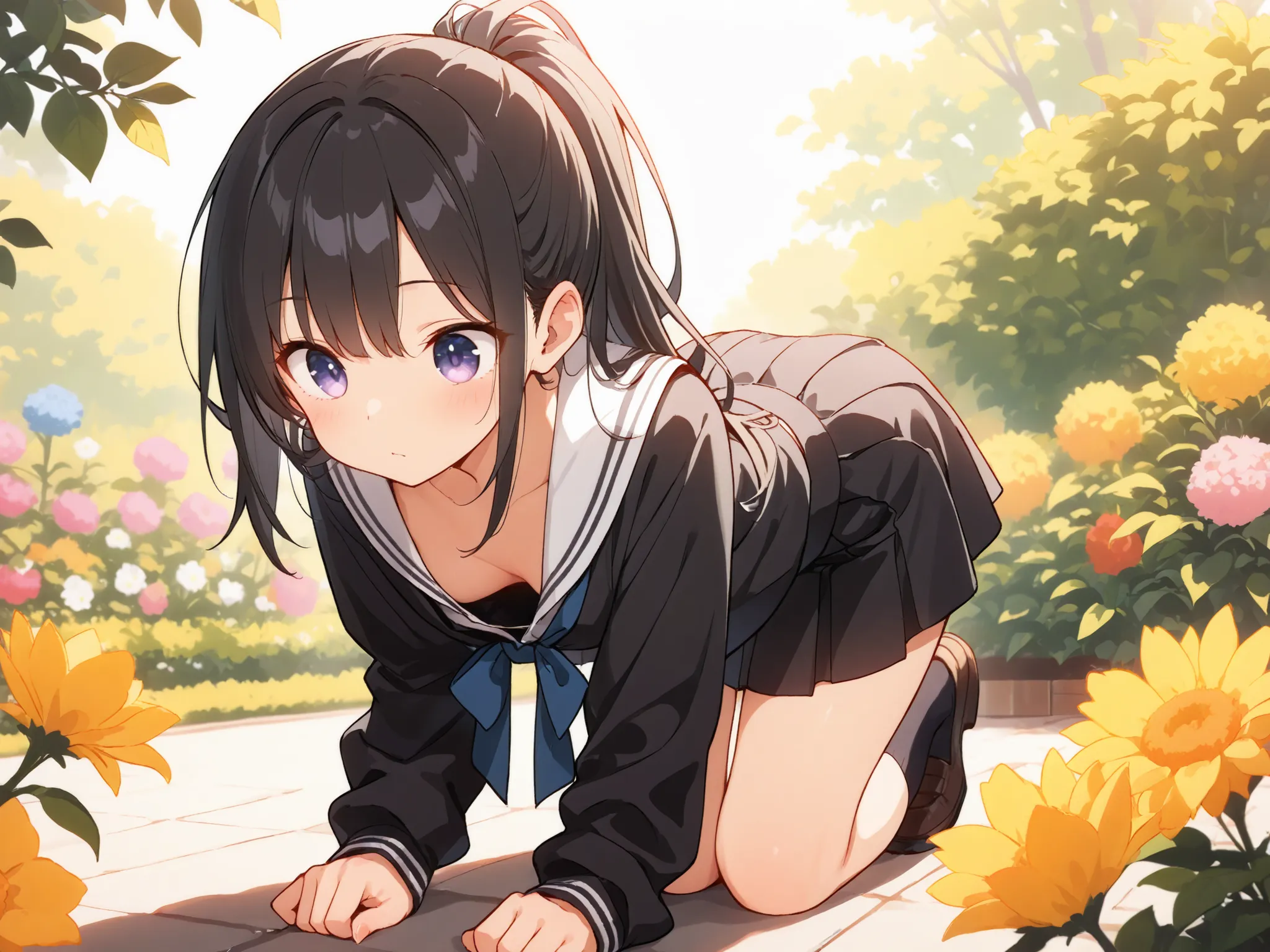 ((((masterpiece)))), high quality, very_high_resolution, large_filesize, full color,full body,Japanese、black hair, long hair, ponytail、school uniform,Ultra-detailed eyes、Highly detailed face, Highly detailed eyes,Get on all fours、Face close-up、garden,downb...