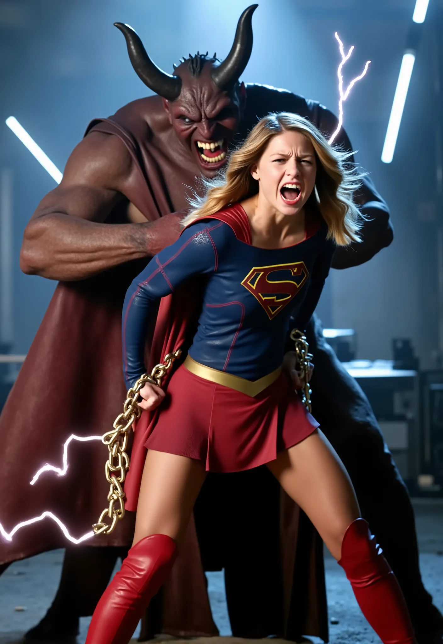 Melissa Benoist as Supergirl, fighting with a strong fierce devil, she is screaming in pain, arms tied with lighting chain behind her back, try to resist, wearing a Supergirl costume, blue shirt and very short skirt, red high boots, she is attacked from be...