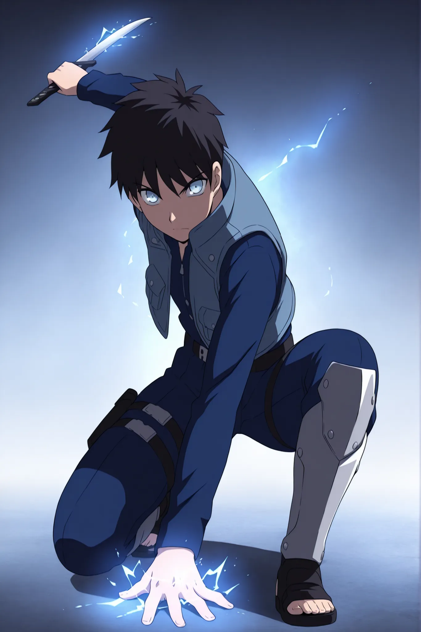(masterpiece,best quality,ultra_detailed,highres,absurdres:1.2,amazing quality,very aesthetic),tohno shiki,1boy,solo,black hair,short hair,blue eyes,serious,,blue black pants,holding knife,fighting stance,short sword,full body,squatting,arm support, dark t...