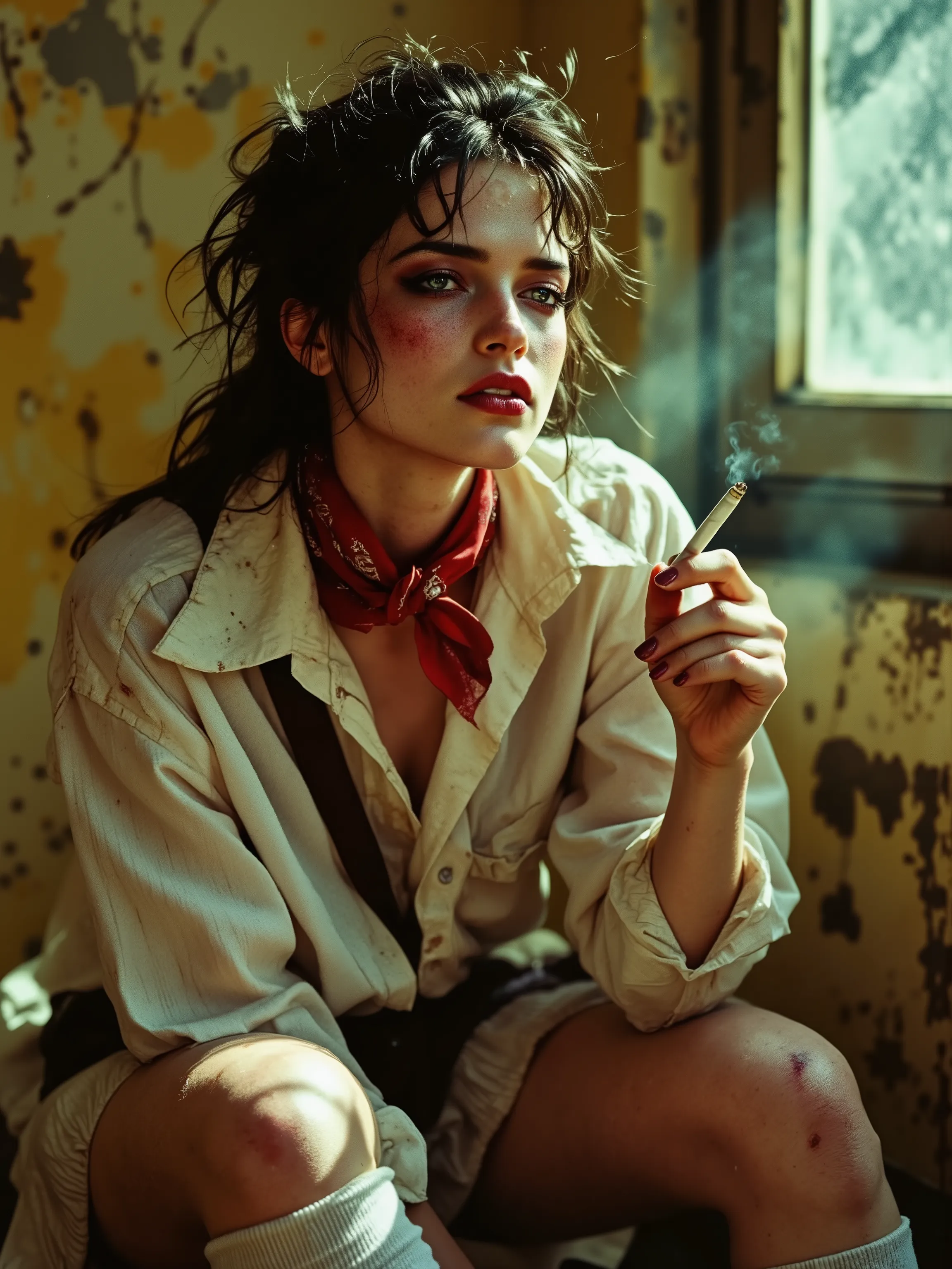 Gritty, grainy street photography in style of Marc Riboud, infused with punk aesthetic of Richard Kern. Androgynous girl, clearly drunk: half-closed eyes, bruise under one, smeared bold makeup (red lipstick, traces of eyeliner), disheveled hair. She wears ...