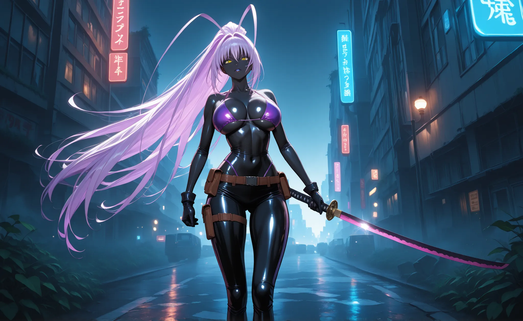 Maya Natsume, inspired by the tenjo tenge anime, stands confidently in a ruined city, her purple hair flowing in the wind, wearing a Purple bikini top with long black skin-tight pants inspired by Tenjo Tenge, with neon accents and utility belts, and armed ...