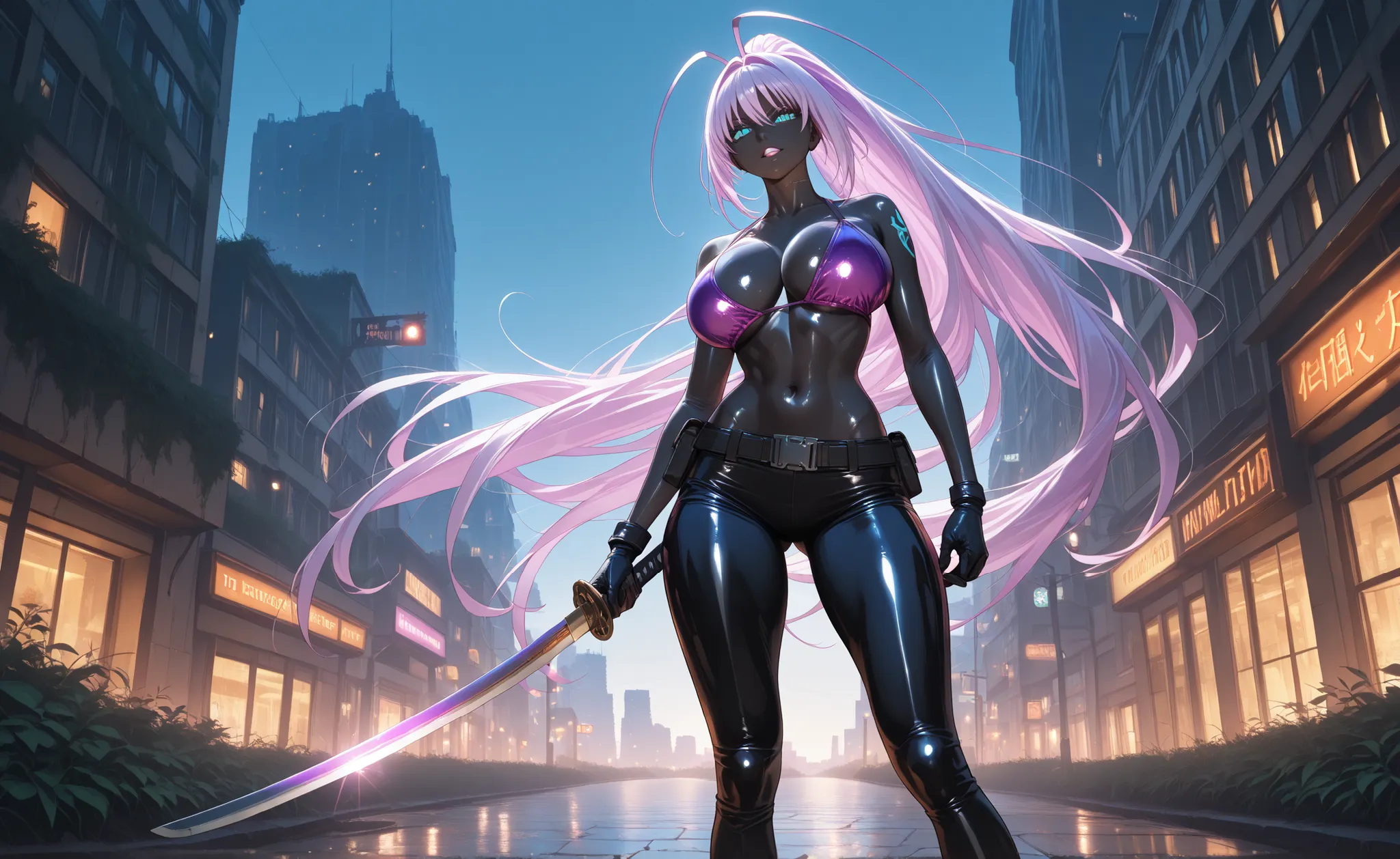 Maya Natsume, inspired by the tenjo tenge anime, stands confidently in a ruined city, her purple hair flowing in the wind, wearing a Purple bikini top with long black skin-tight pants inspired by Tenjo Tenge, with neon accents and utility belts, and armed ...