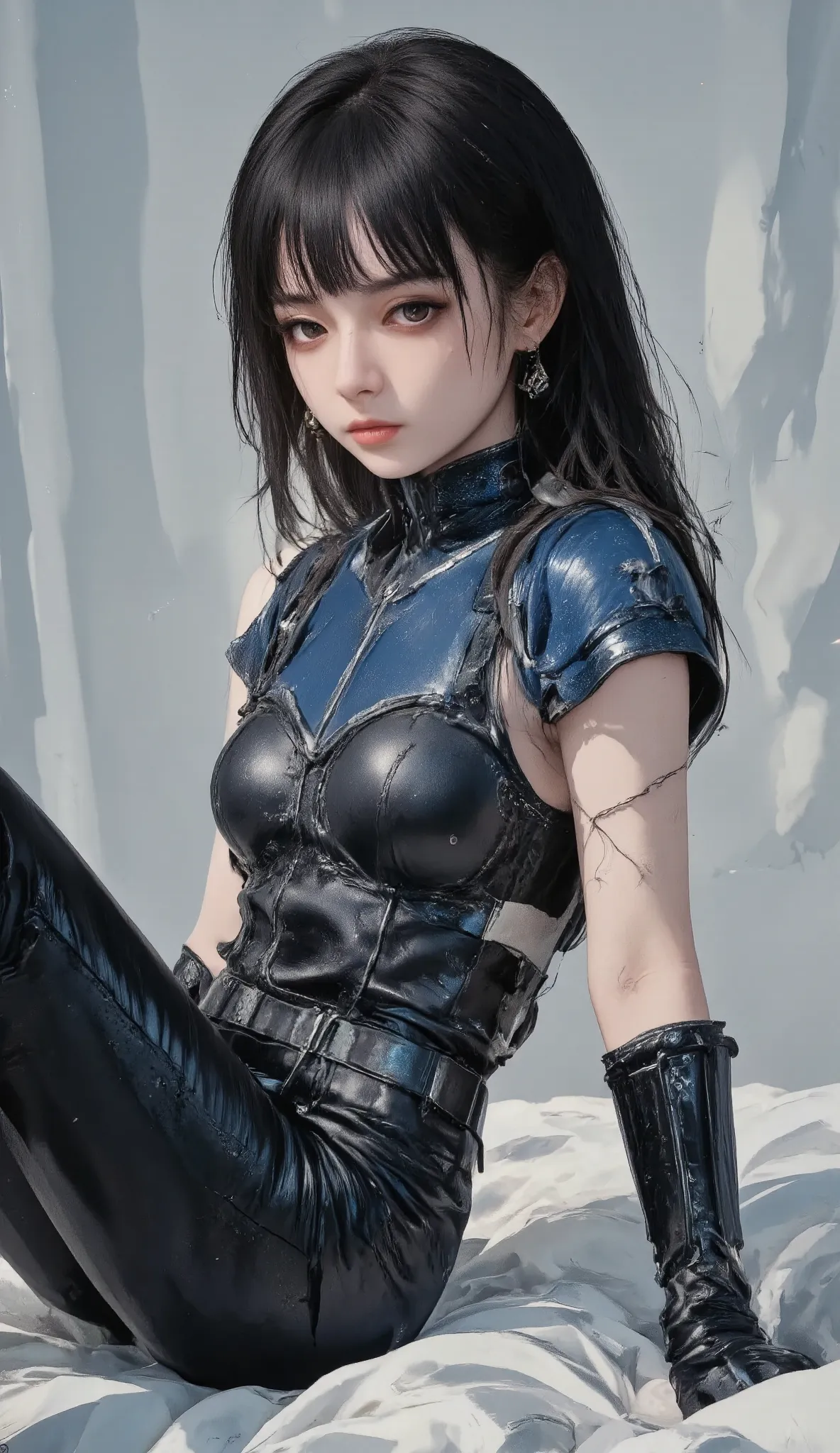 masterpiece, best quality, ultra-detailed, (stunningly beautiful woman:1.3) with (lustrous long black hair:1.2) and (wispy scattered bangs:1.1), (exquisite symmetrical face:1.2), piercing (cold arrogant gaze:1.2), (athletic fit physique:1.1), (flawless ala...