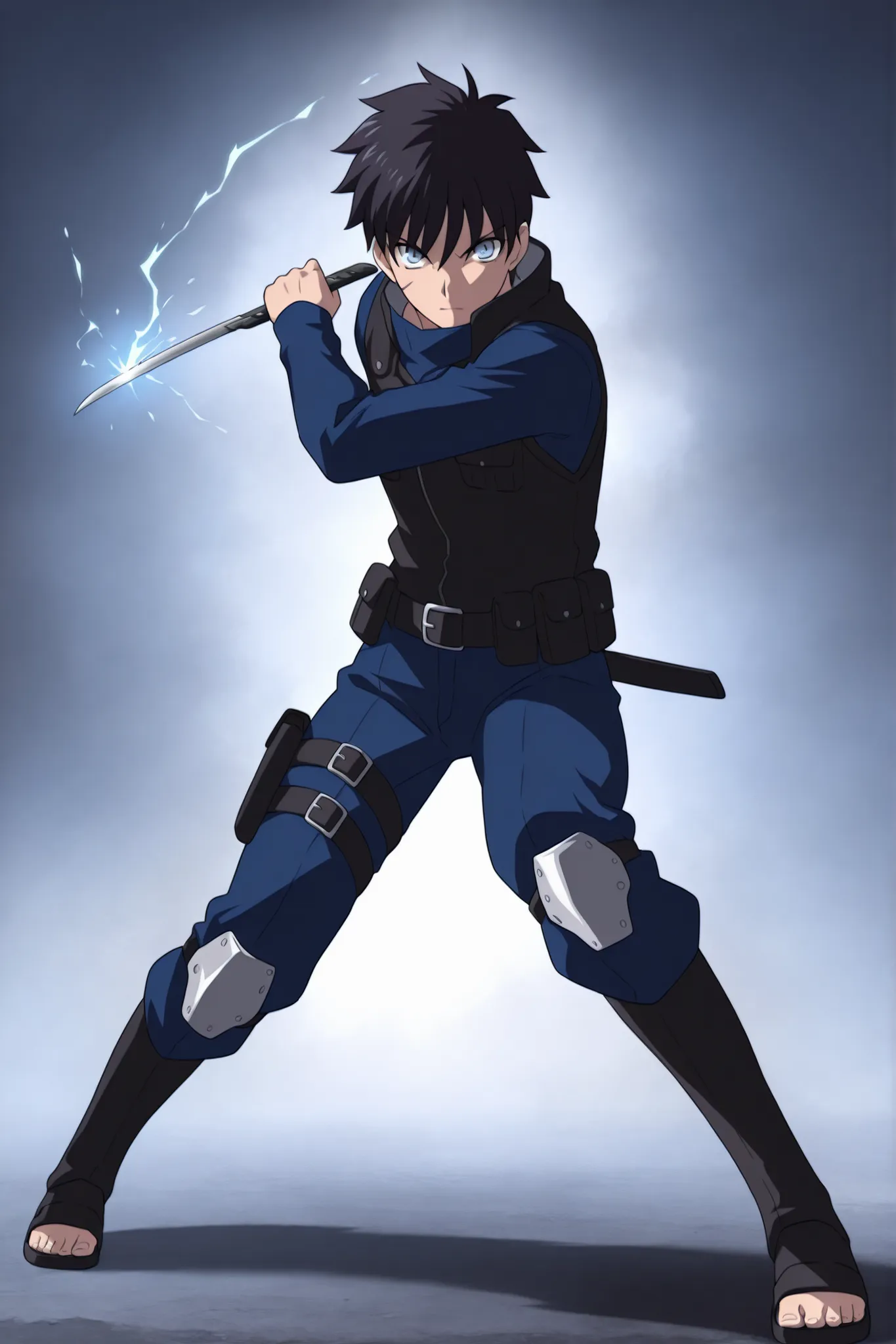 (masterpiece,best quality,ultra_detailed,highres,absurdres:1.2,amazing quality,very aesthetic),tohno shiki,1boy,solo,black hair,short hair,blue eyes,serious,,blue black pants,holding knife,fighting stance,short sword,full body, dark thick high collar black...